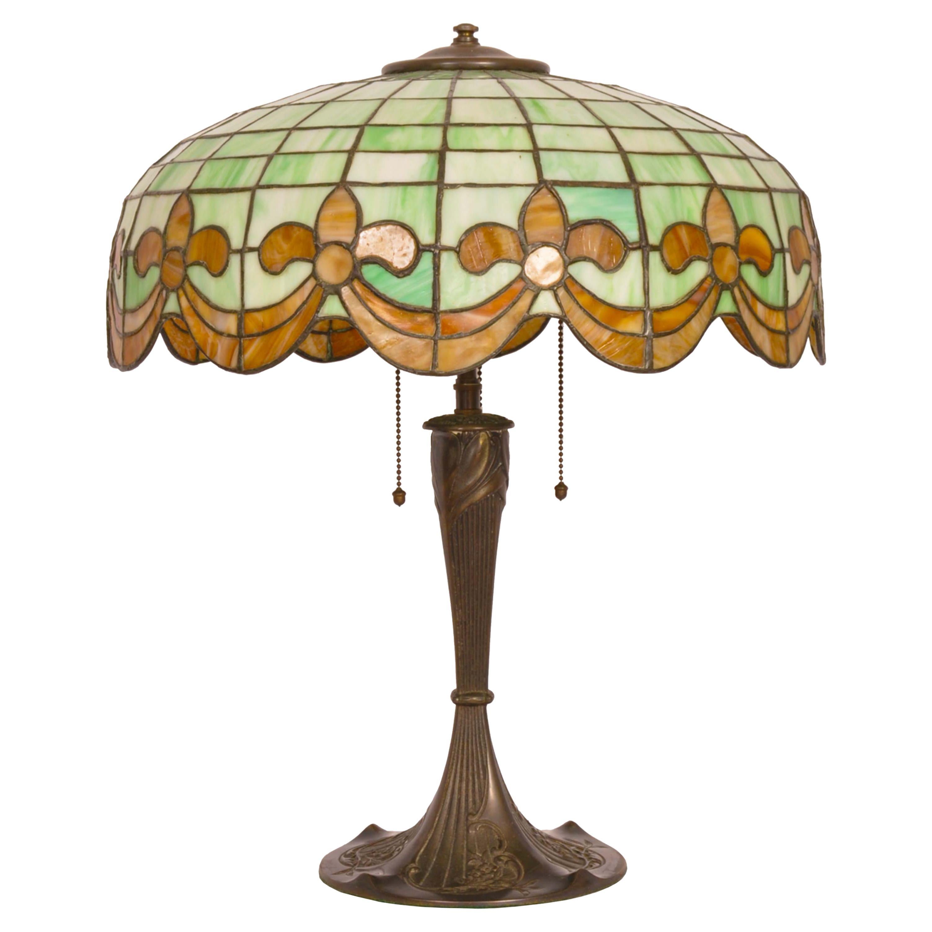 Antique American Art Nouveau Bronze & Leaded Glass Table Lamp by Wilkinson, 1910