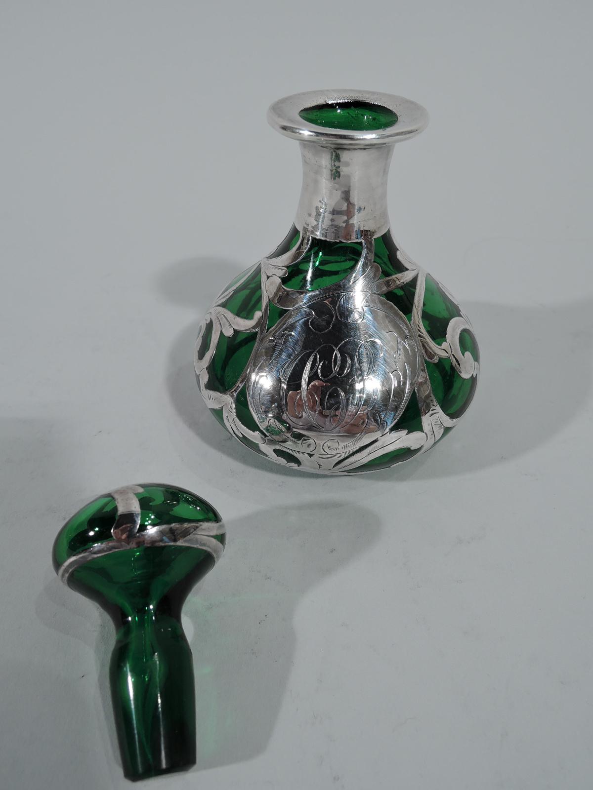Antique American Art Nouveau Emerald Glass Perfume with Silver Overlay In Excellent Condition In New York, NY