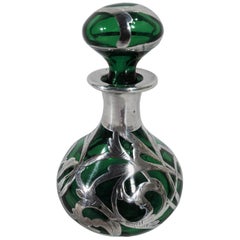 Antique American Art Nouveau Emerald Glass Perfume with Silver Overlay