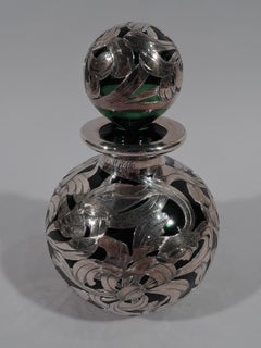 Antique American Art Nouveau Green Glass Silver Overlay Perfume
