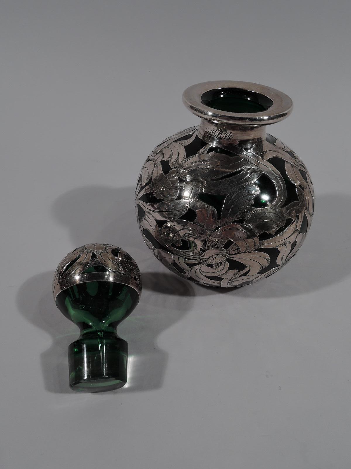 Appliqué Antique American Art Nouveau Green Glass Silver Overlay Perfume For Sale