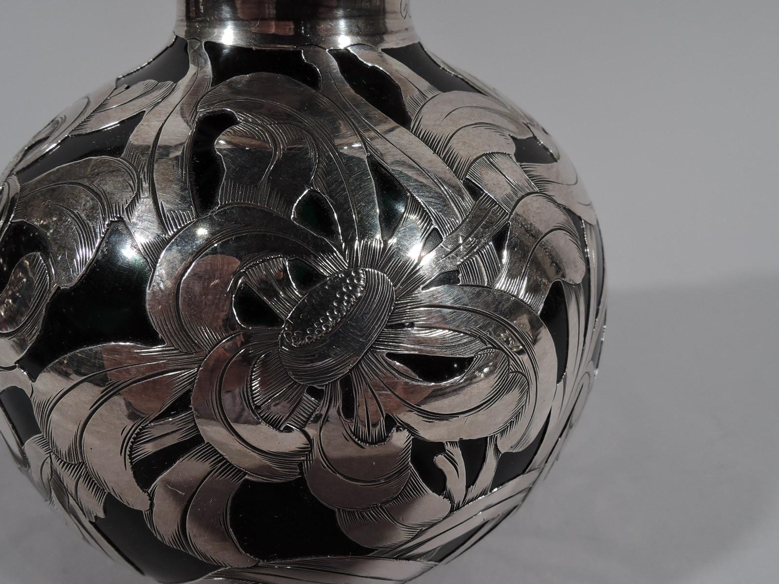 20th Century Antique American Art Nouveau Green Glass Silver Overlay Perfume For Sale