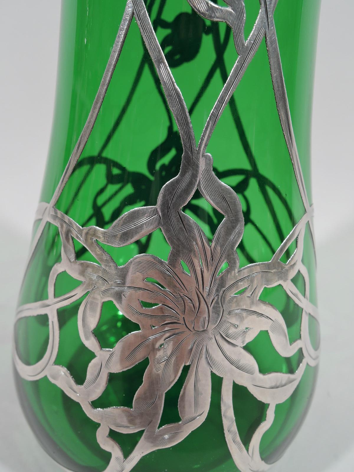 Antique American Art Nouveau Green Glass Silver Overlay Vase In Excellent Condition In New York, NY