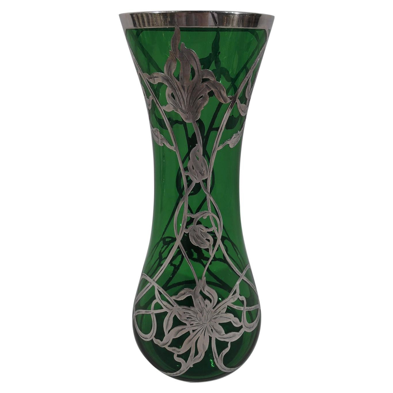 Antique American Art Nouveau Green Glass Silver Overlay Vase