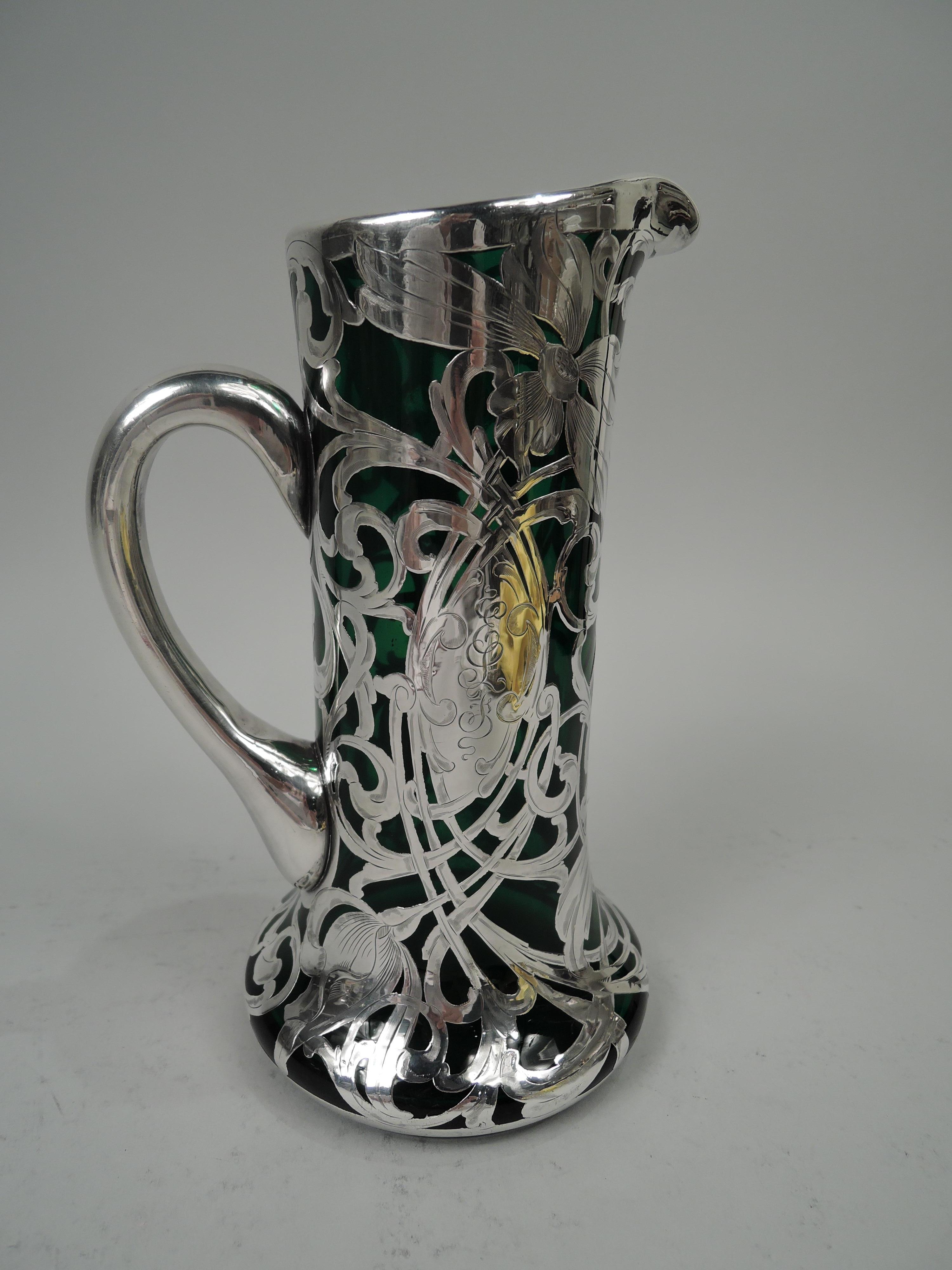 Antique American Art Nouveau Green Silver Overlay Claret Jug In Excellent Condition For Sale In New York, NY