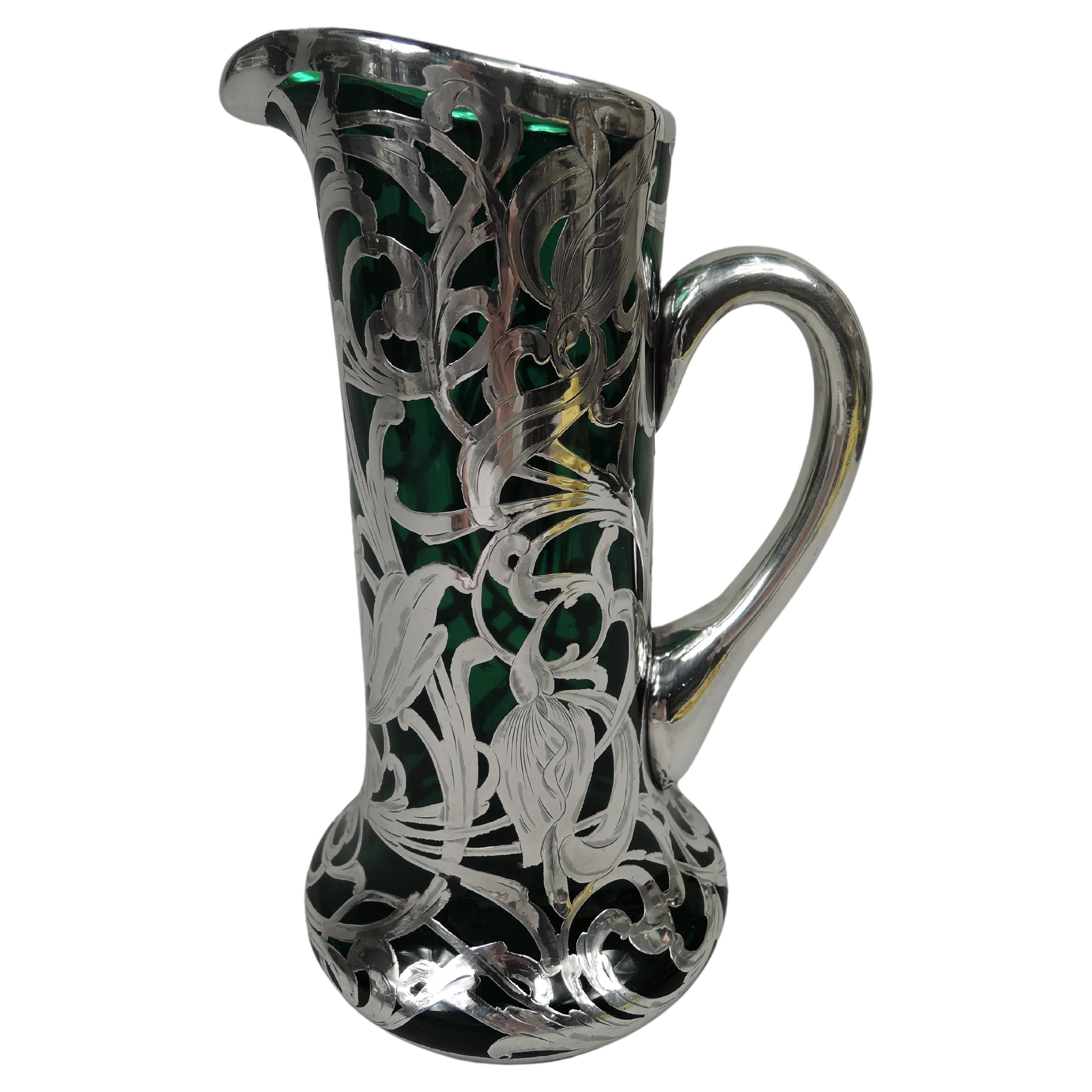 Antique American Art Nouveau Green Silver Overlay Claret Jug For Sale