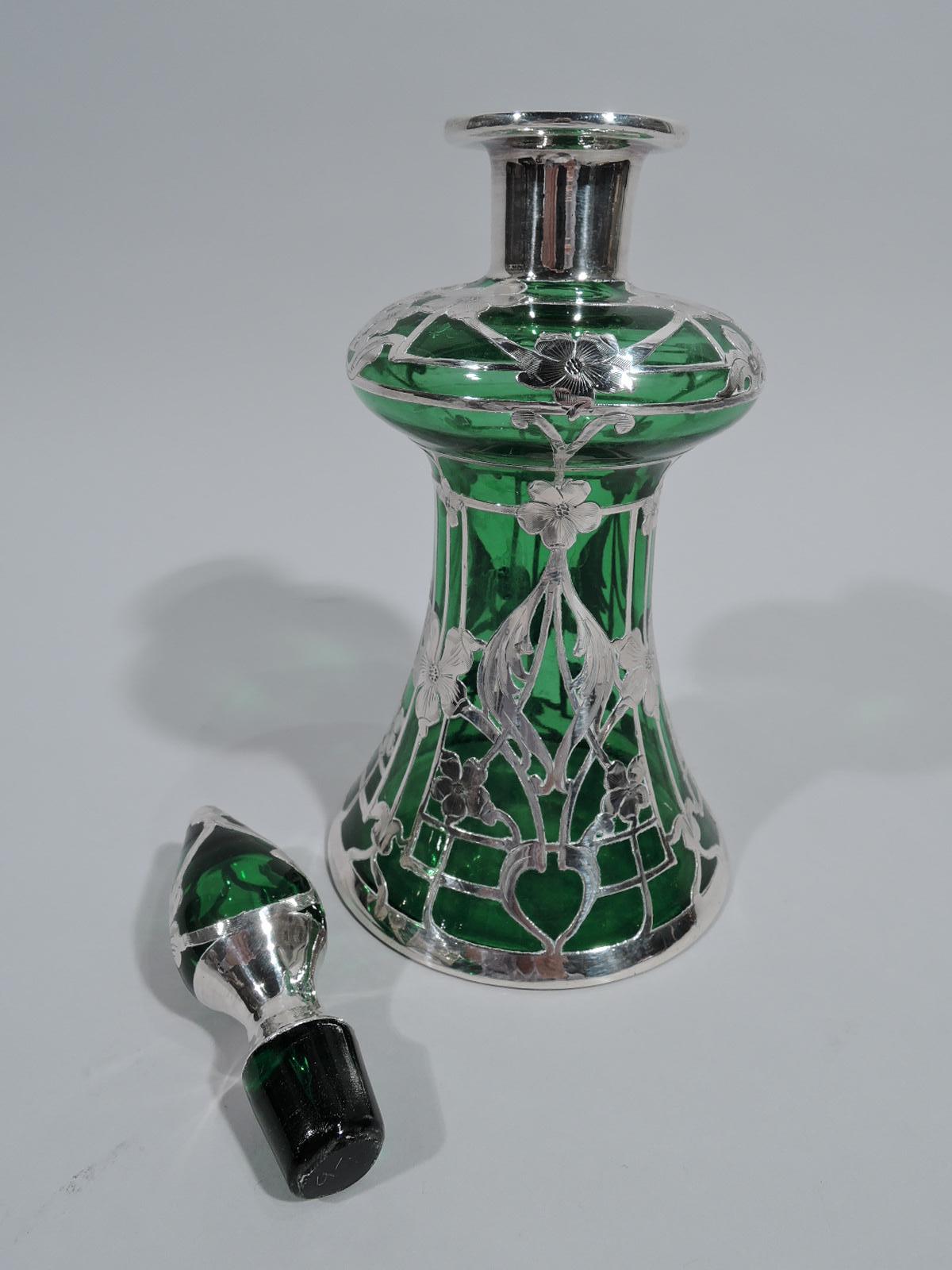 Antique American Art Nouveau Green Silver Overlay Decanter In Excellent Condition In New York, NY
