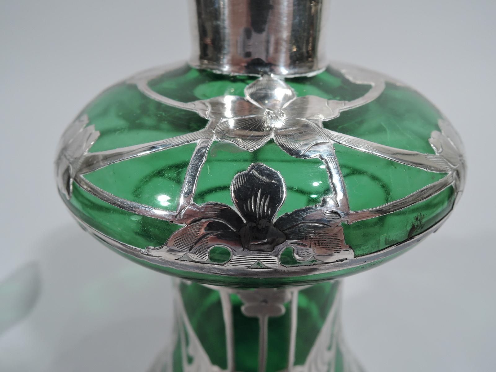 Antique American Art Nouveau Green Silver Overlay Decanter 1