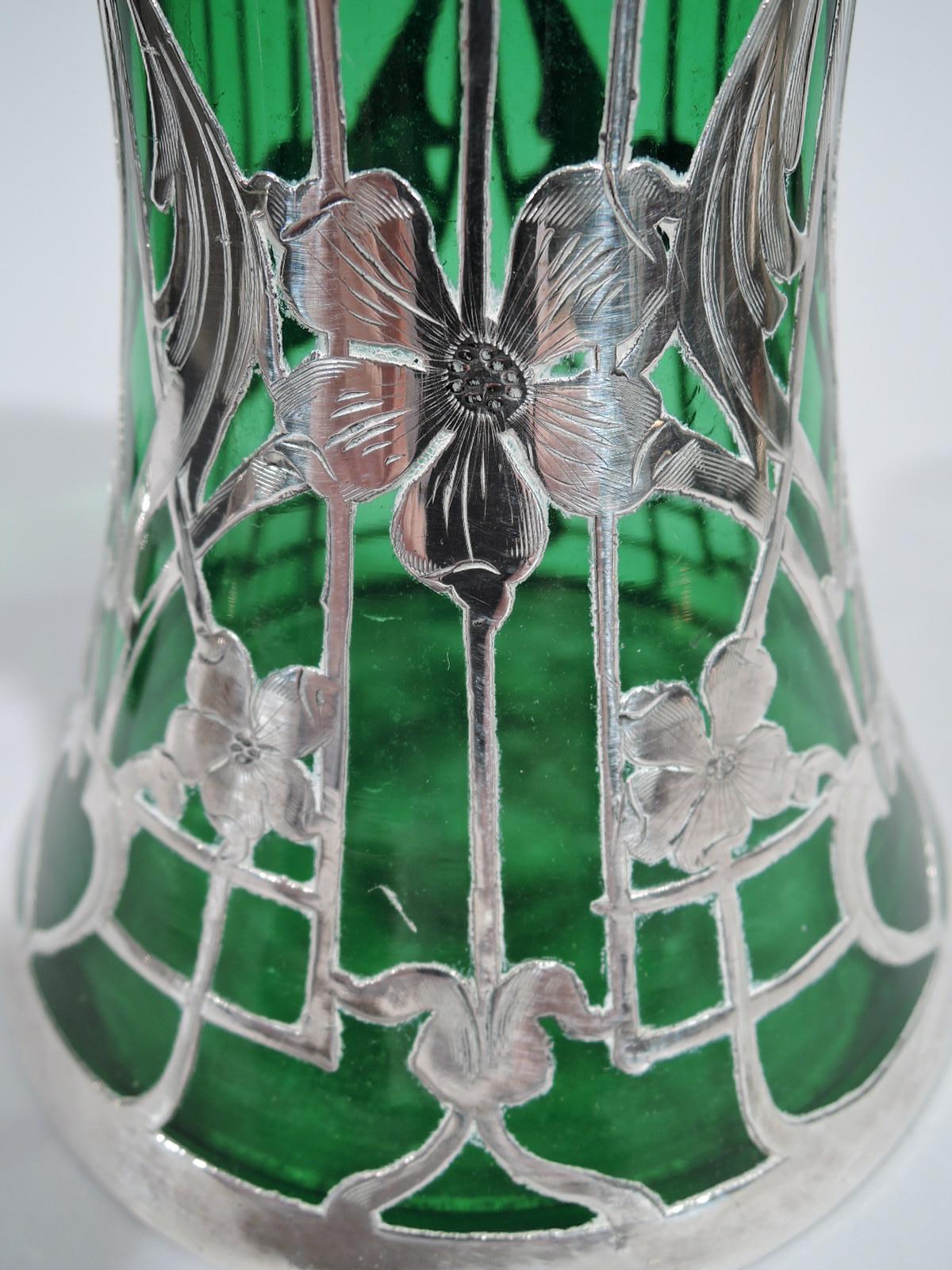 Antique American Art Nouveau Green Silver Overlay Decanter 3
