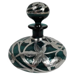 Antique American Art Nouveau Green Silver Overlay Perfume