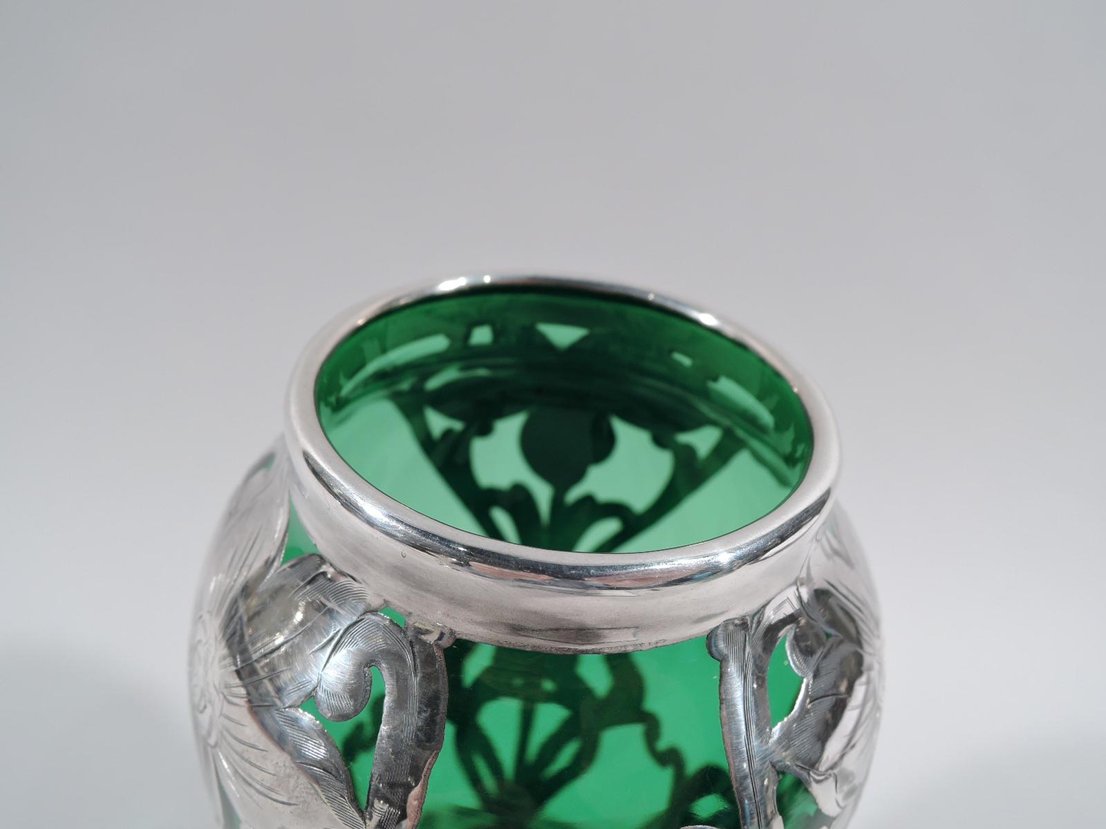 Antique American Art Nouveau Green Silver Overlay Vase In Excellent Condition In New York, NY