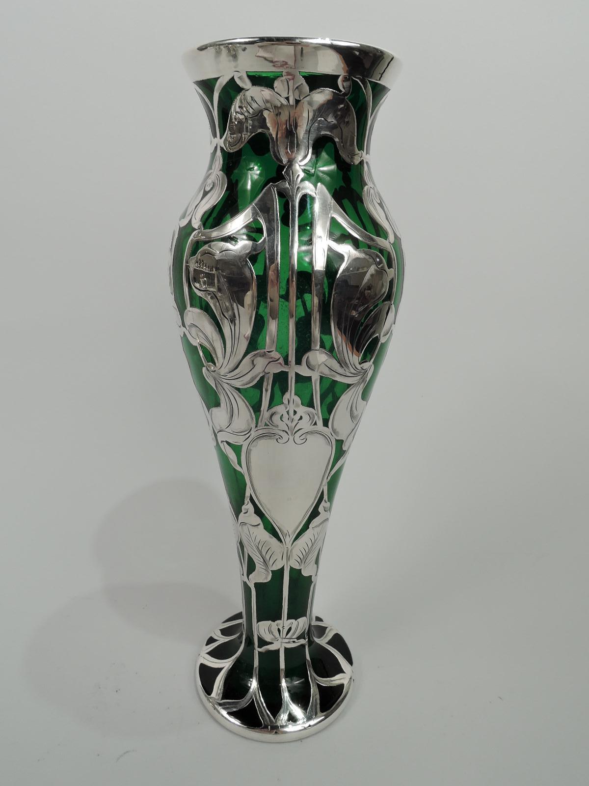 Antique American Art Nouveau Green Silver Overlay Vase In Excellent Condition In New York, NY