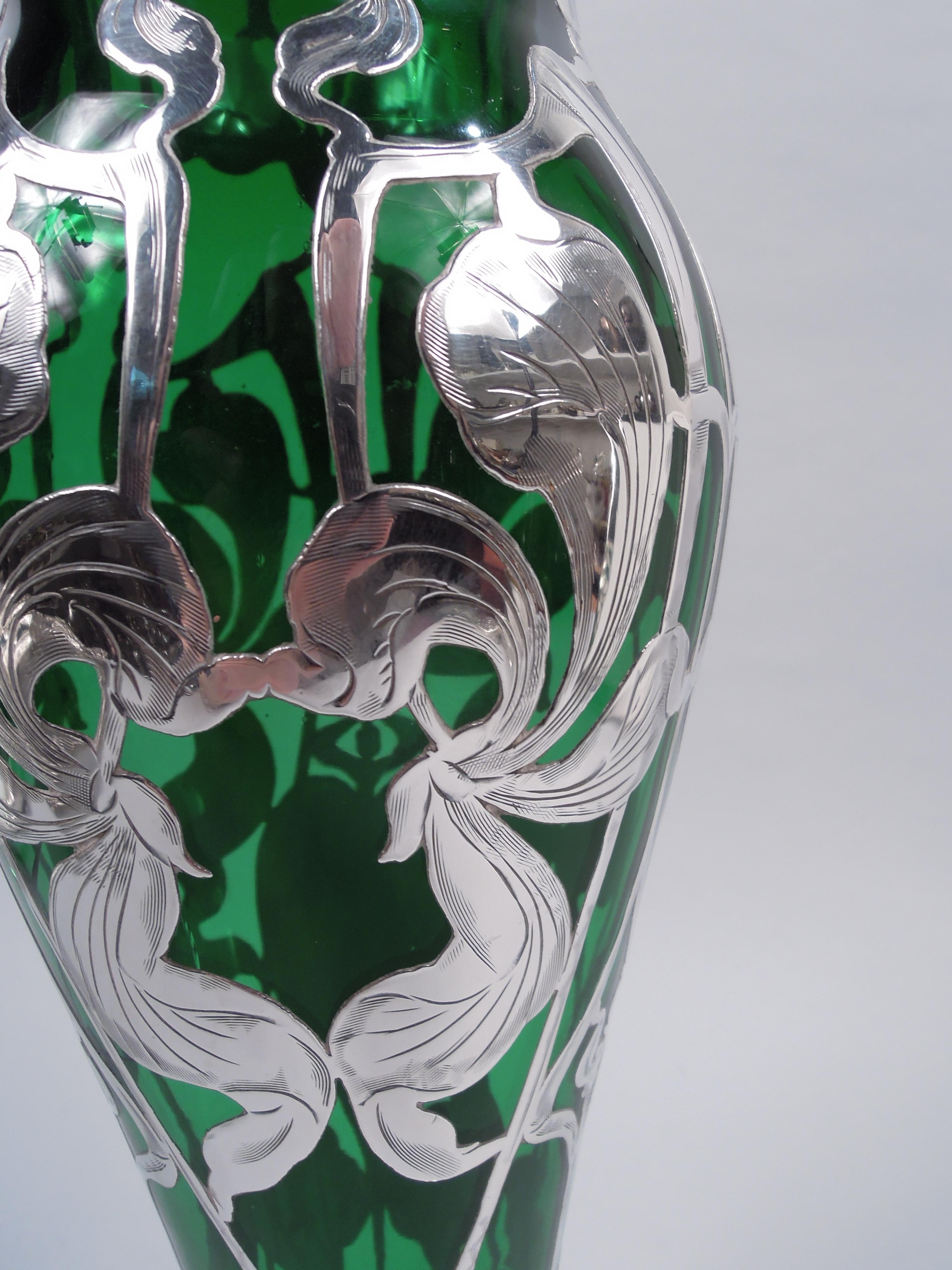 Antique American Art Nouveau Green Silver Overlay Vase In Good Condition For Sale In New York, NY