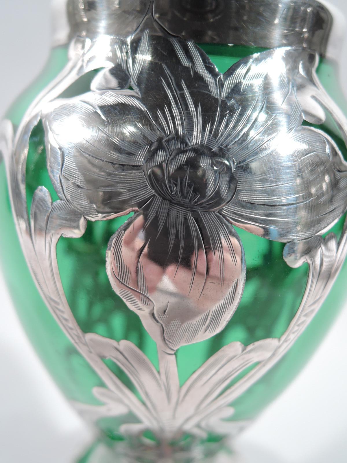 20th Century Antique American Art Nouveau Green Silver Overlay Vase