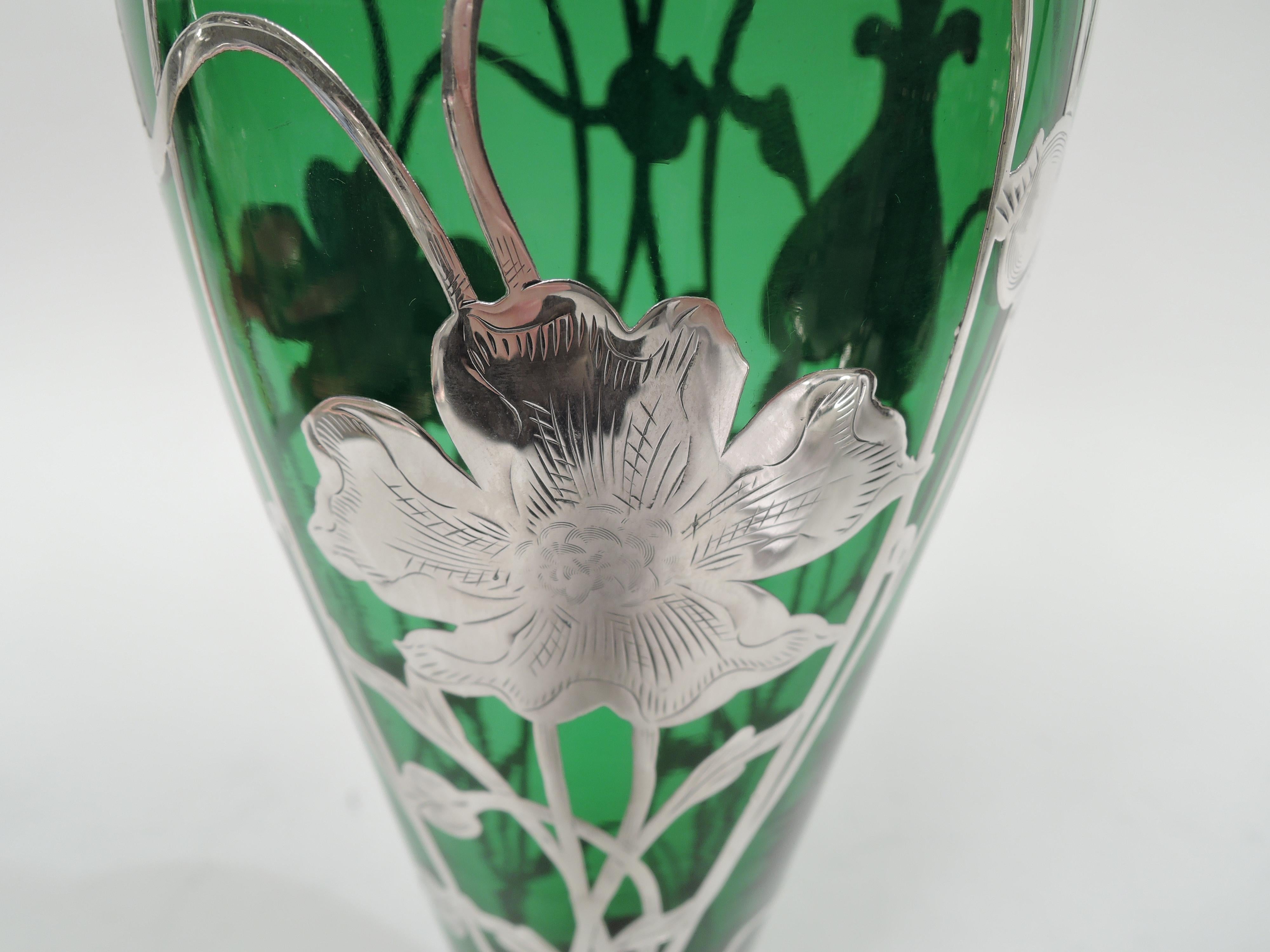 20th Century Antique American Art Nouveau Green Silver Overlay Vase