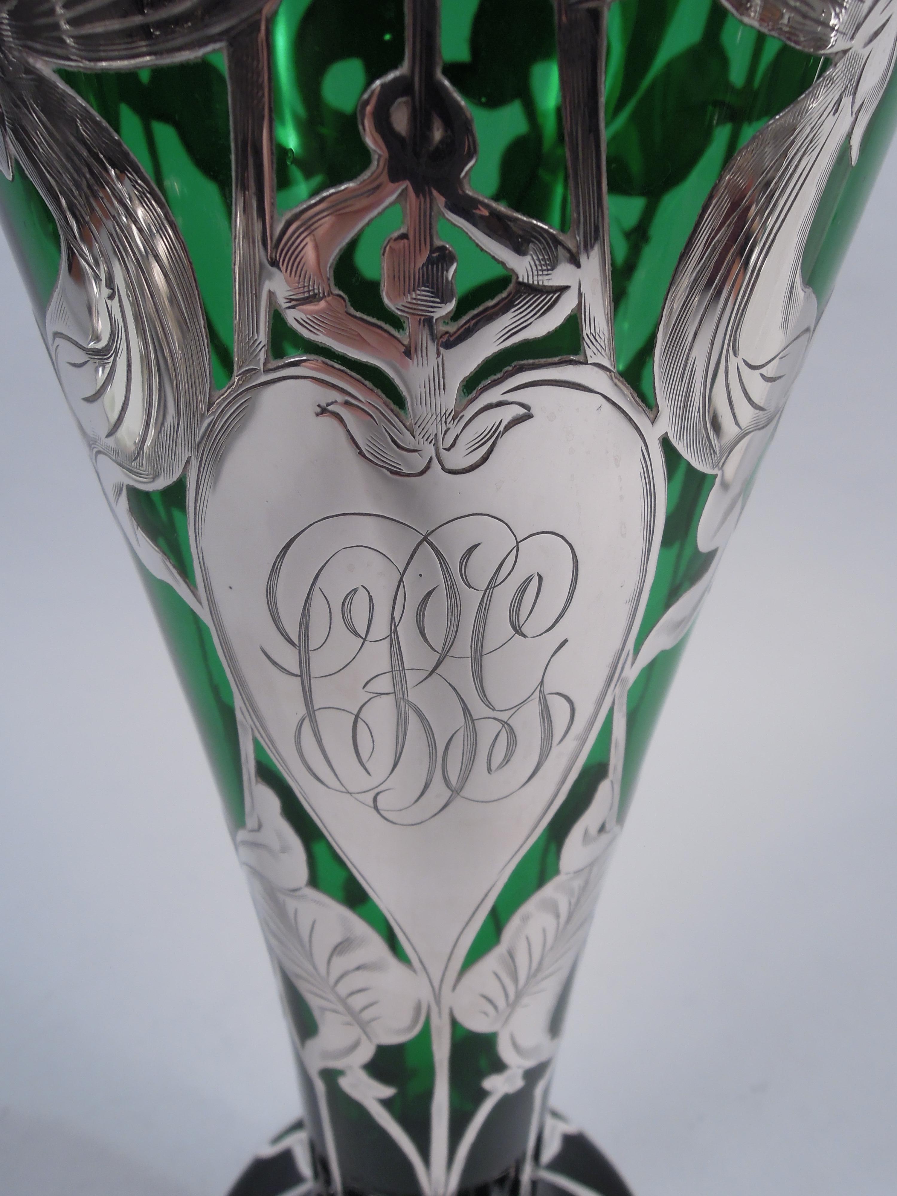 20th Century Antique American Art Nouveau Green Silver Overlay Vase For Sale
