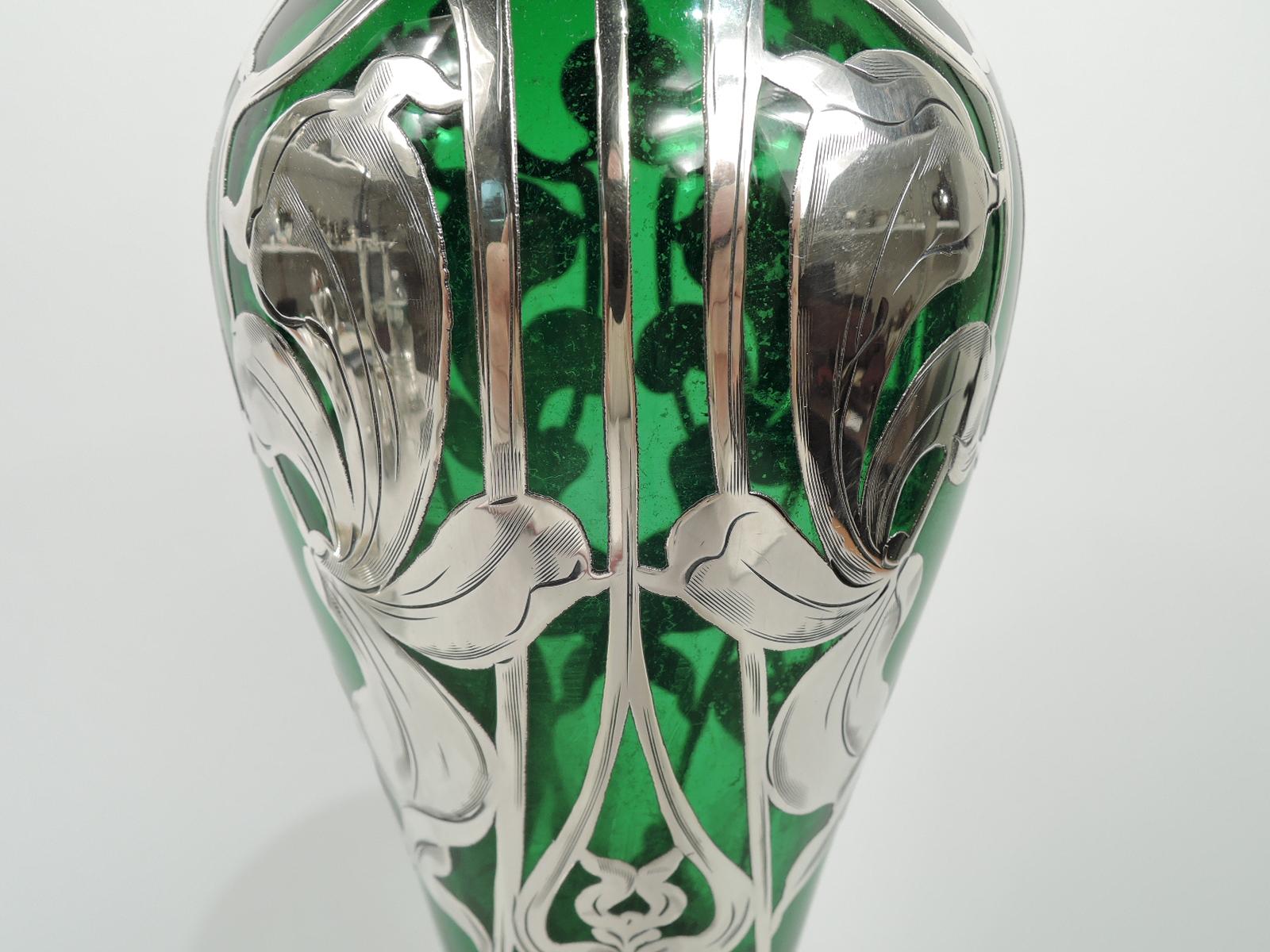 Glass Antique American Art Nouveau Green Silver Overlay Vase