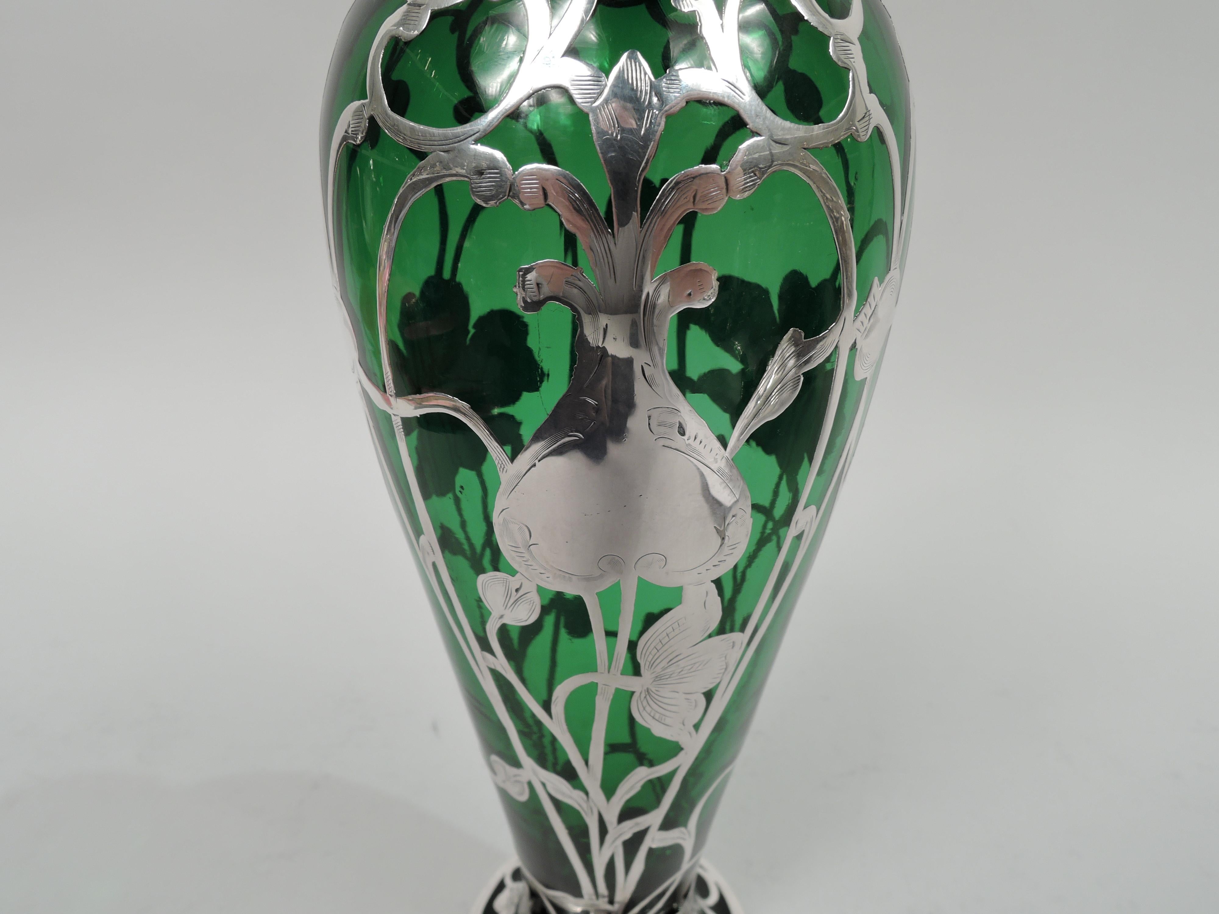 Antique American Art Nouveau Green Silver Overlay Vase 1