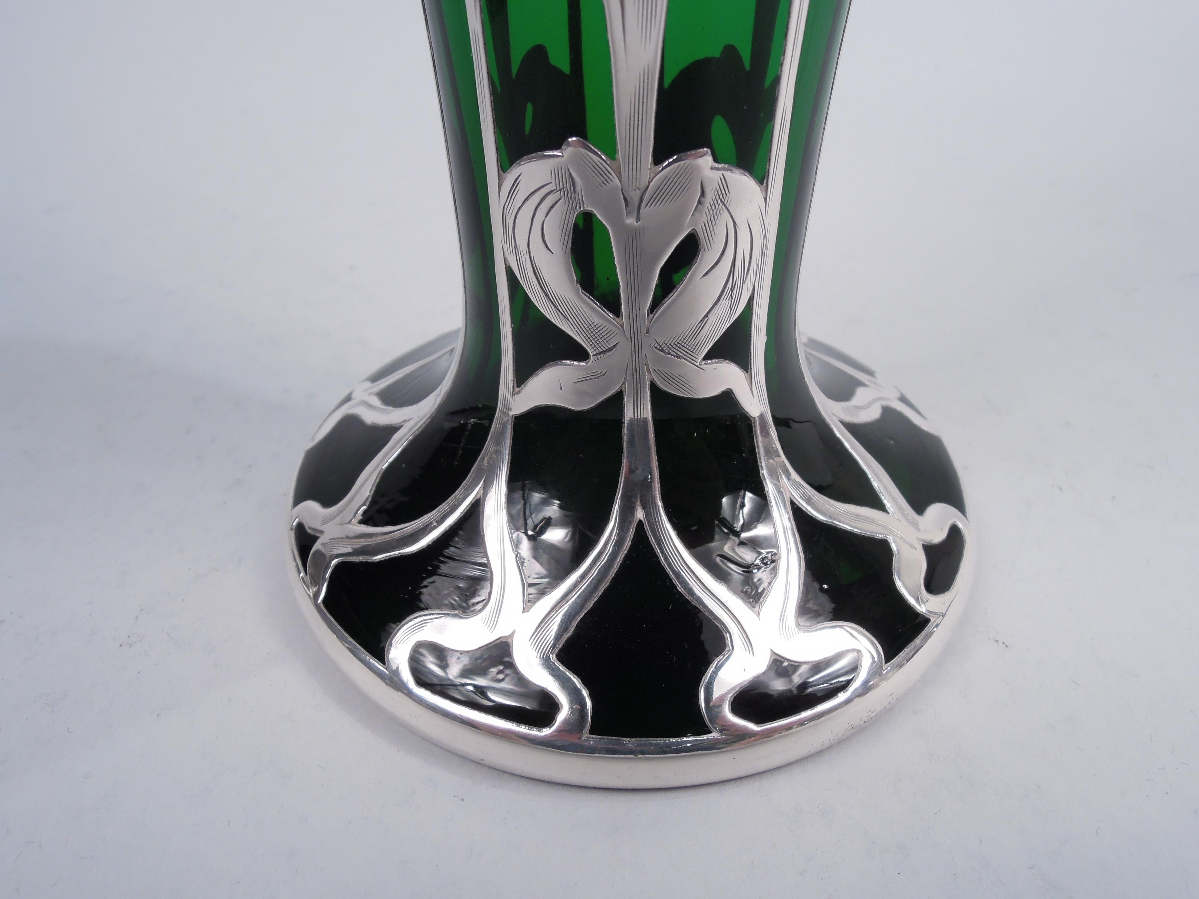 Antique American Art Nouveau Green Silver Overlay Vase For Sale 1