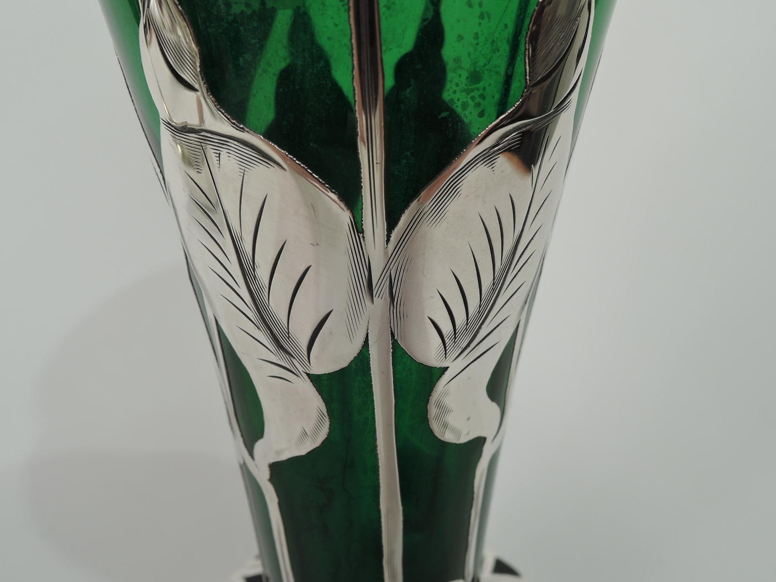 Antique American Art Nouveau Green Silver Overlay Vase 1
