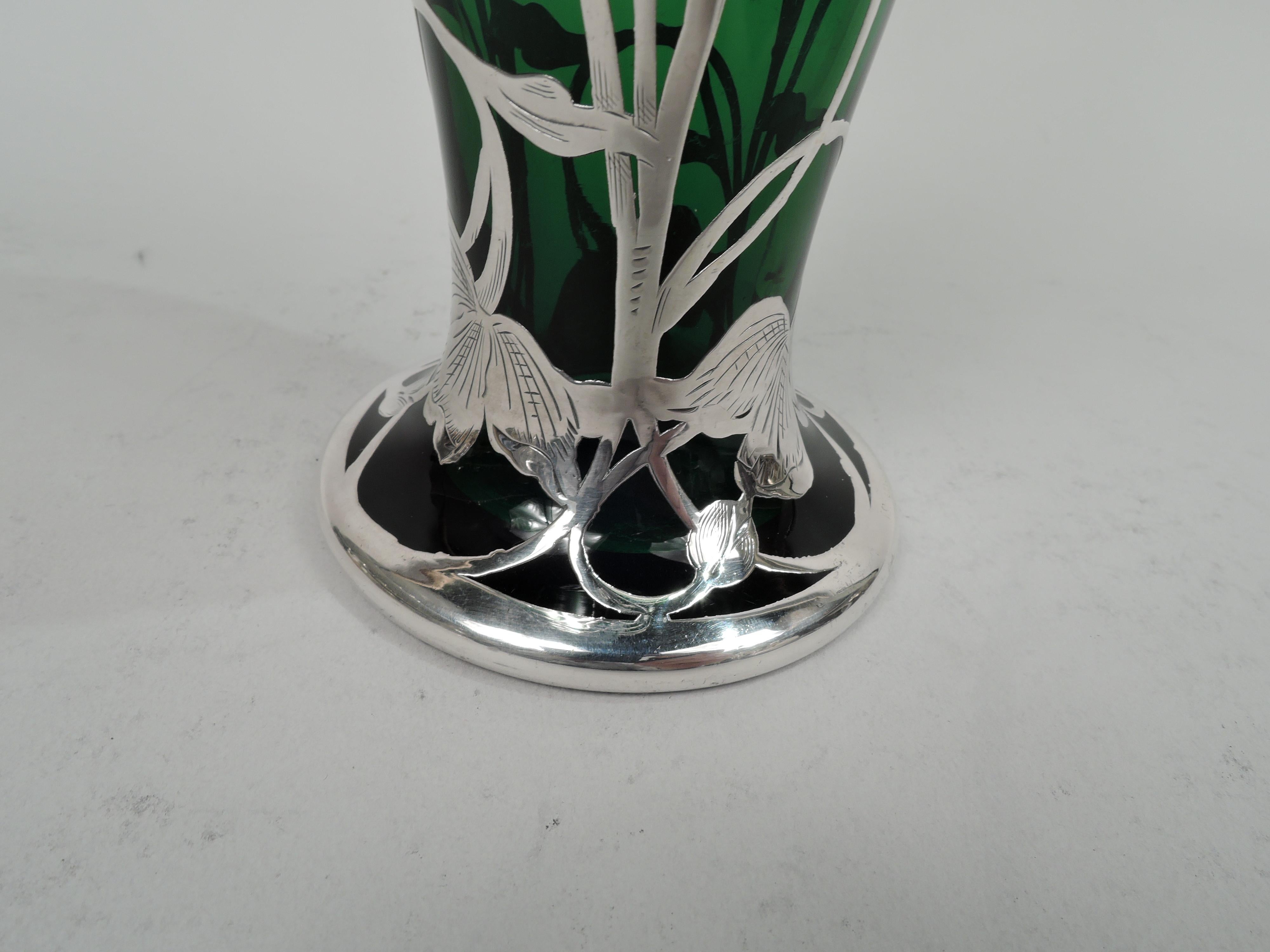 Antique American Art Nouveau Green Silver Overlay Vase 2