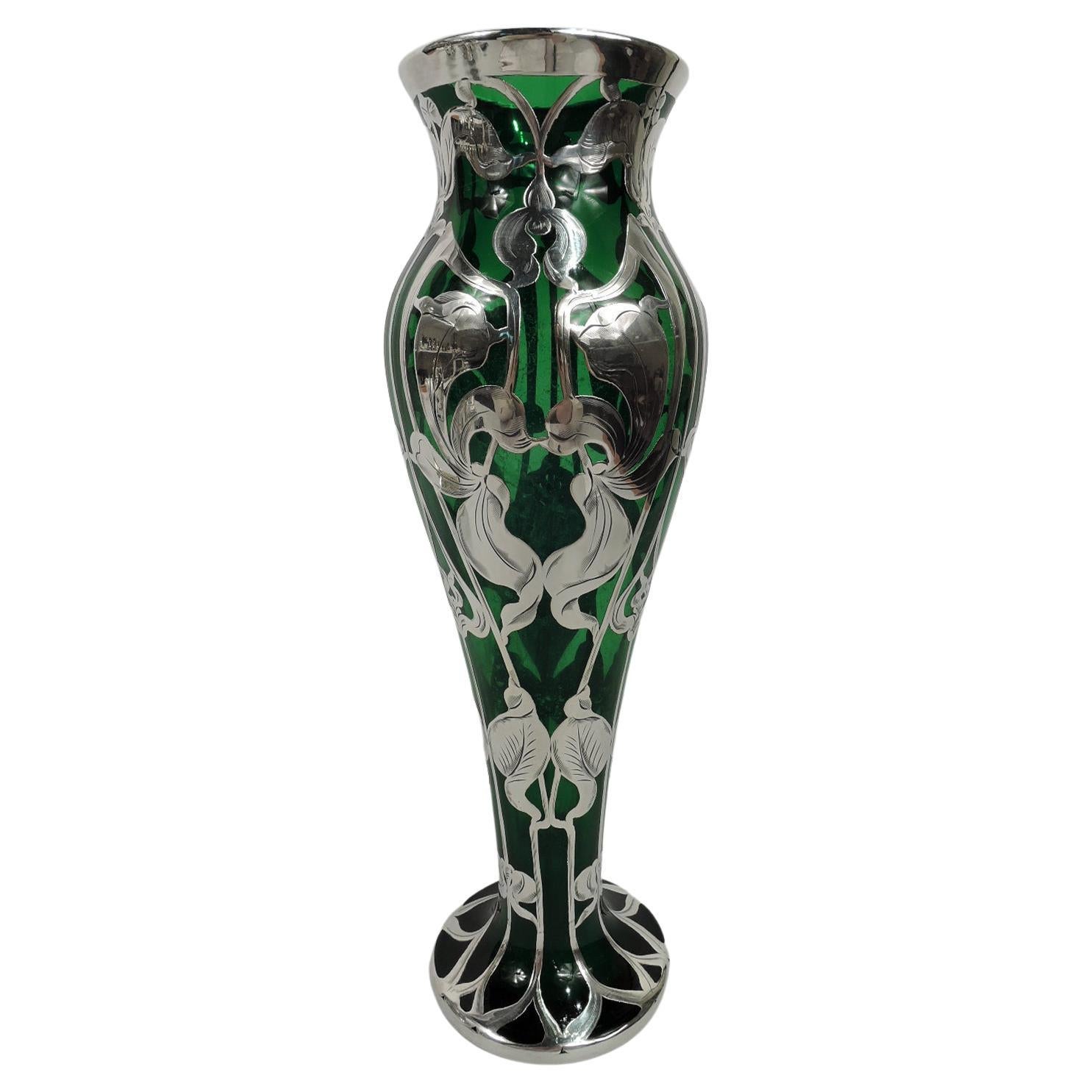 Antique American Art Nouveau Green Silver Overlay Vase