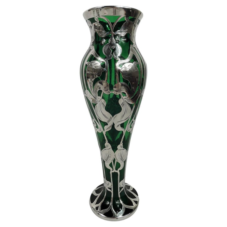 Antique American Art Nouveau Green Silver Overlay Vase At 1stdibs