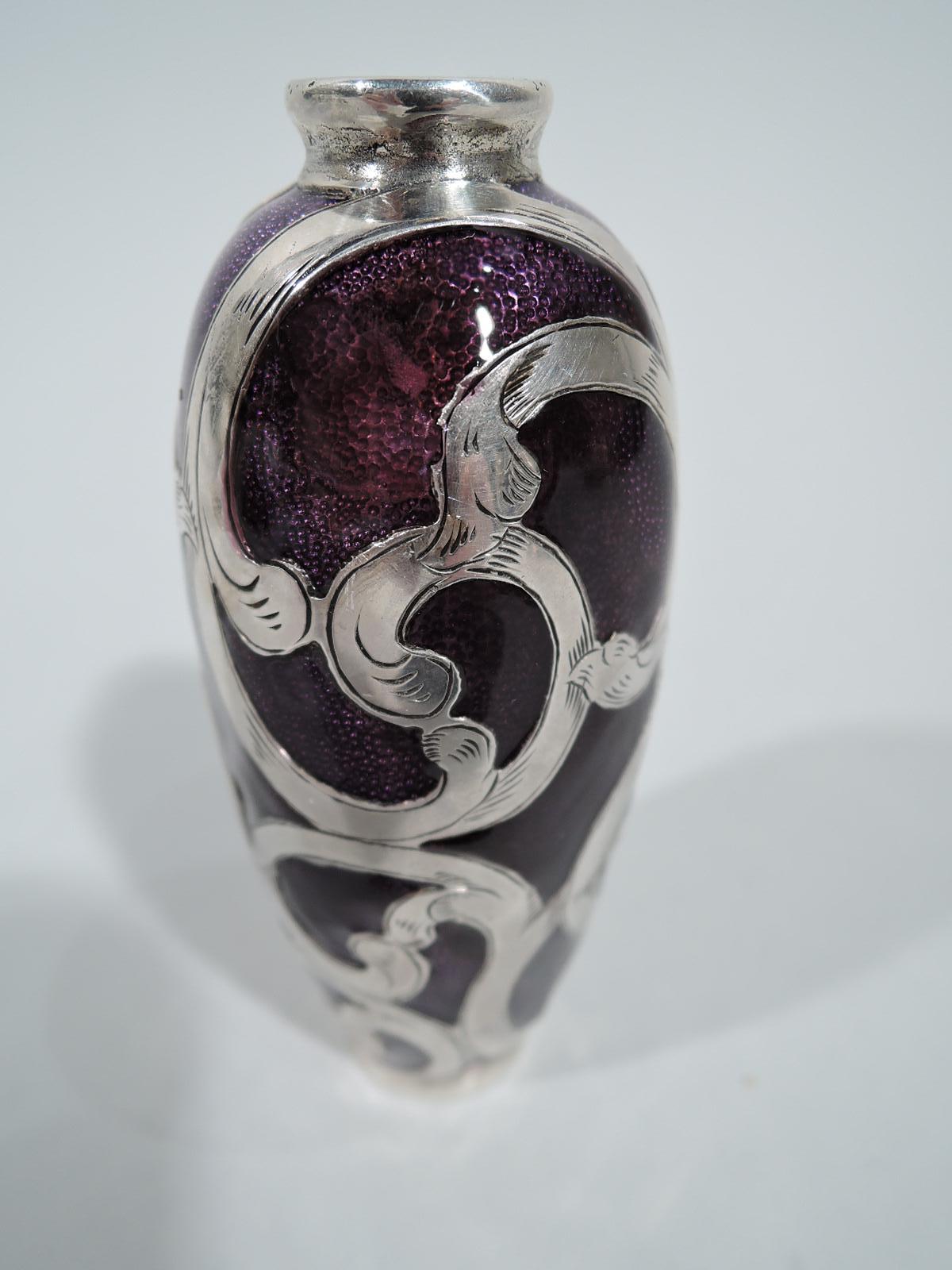 Antique American Art Nouveau Purple Enamel Silver Overlay Bud Vase In Good Condition In New York, NY