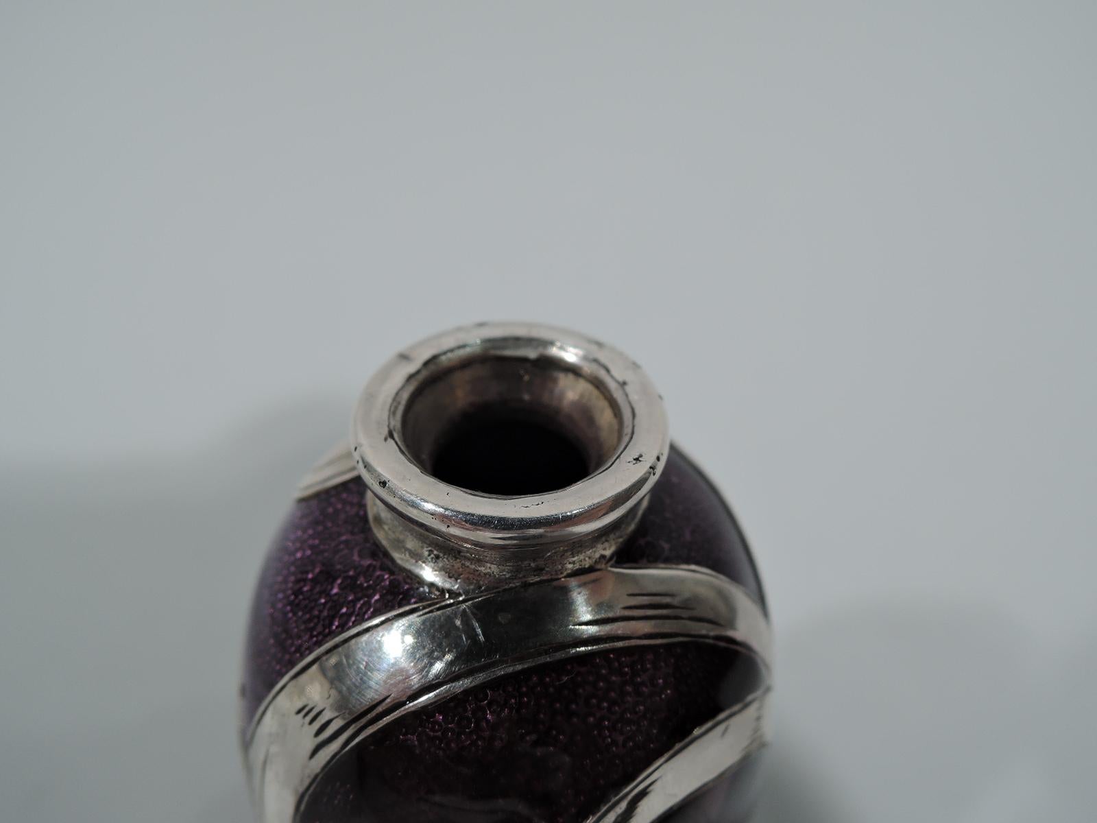 20th Century Antique American Art Nouveau Purple Enamel Silver Overlay Bud Vase