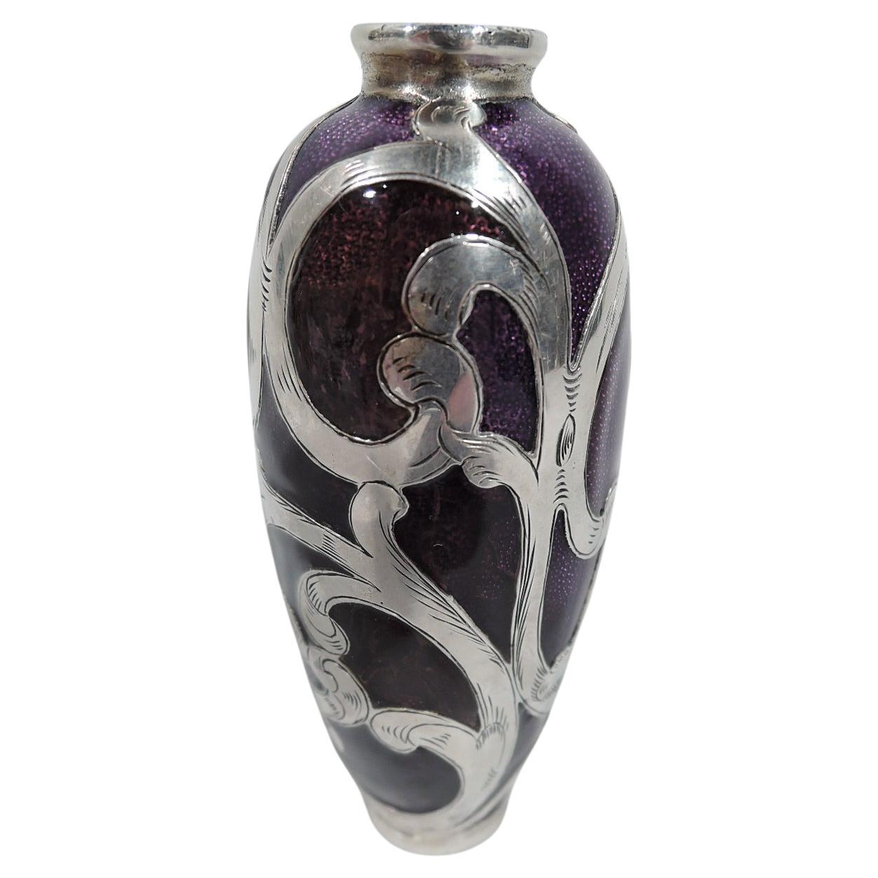 Antique American Art Nouveau Purple Enamel Silver Overlay Bud Vase