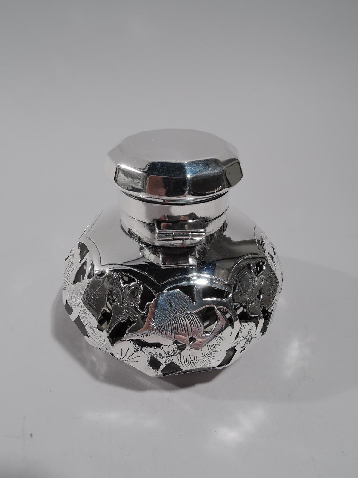 Antique American Art Nouveau Silver Overlay Inkwell In Excellent Condition For Sale In New York, NY