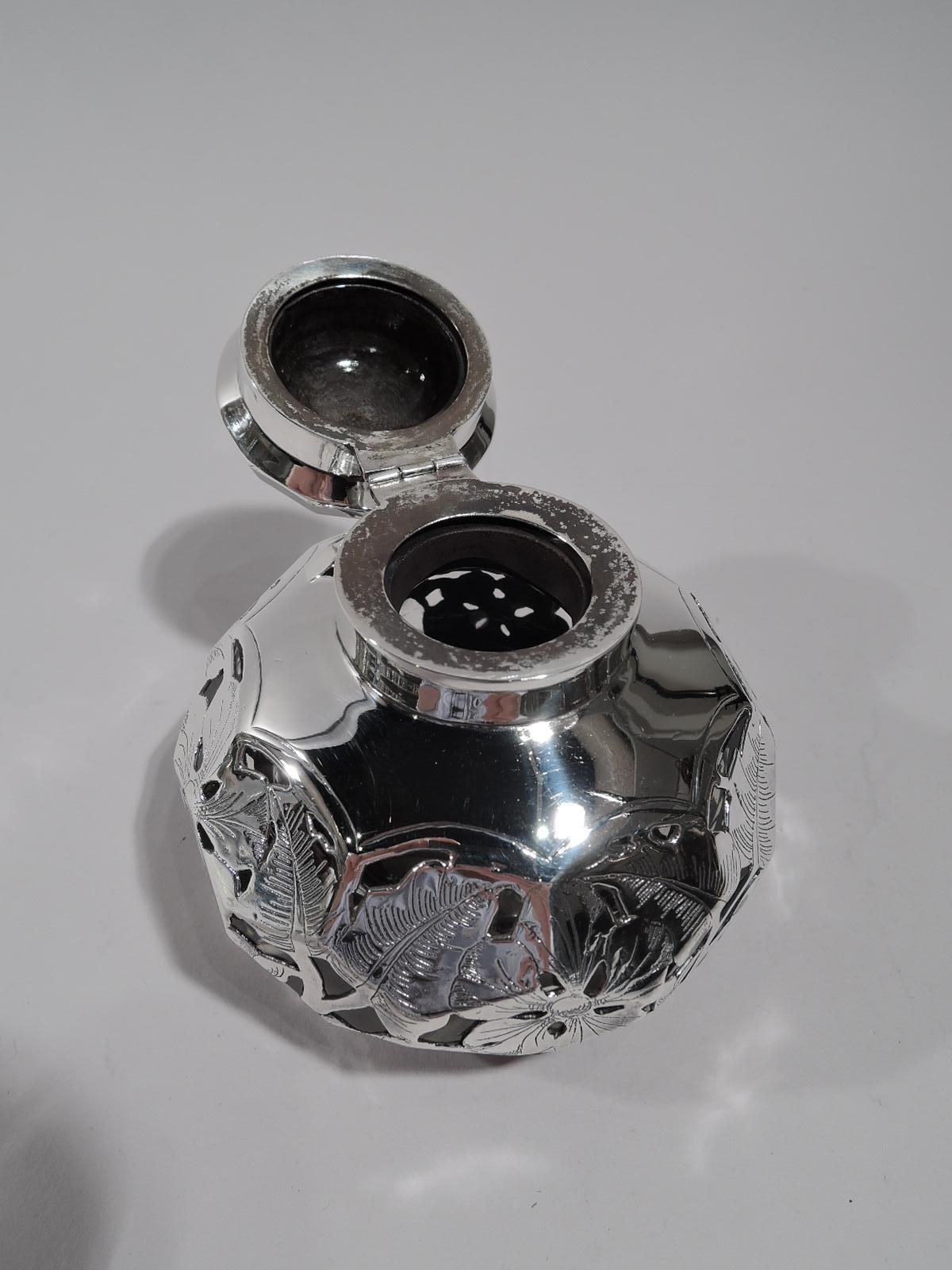 19th Century Antique American Art Nouveau Silver Overlay Inkwell For Sale