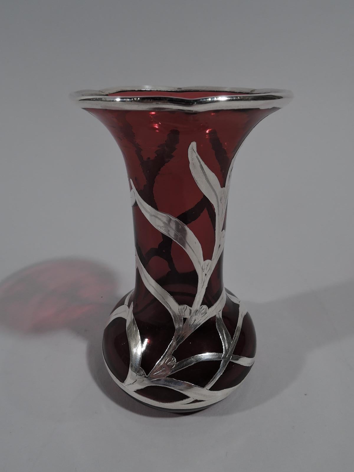 Antique American Art Nouveau Red Silver Overlay Bud Vase In Excellent Condition In New York, NY