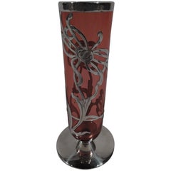 Antique American Art Nouveau Red Silver Overlay Bud Vase