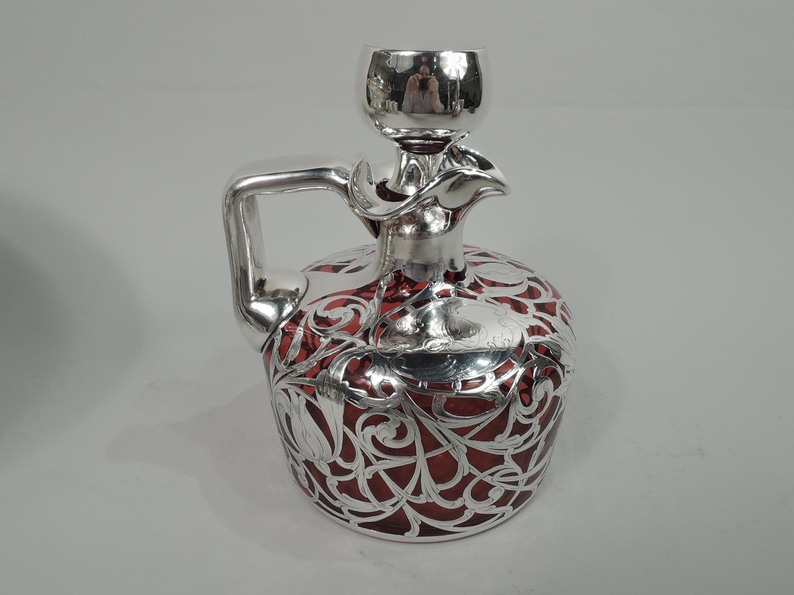 Antique American Art Nouveau Red Silver Overlay Jug Decanter In Excellent Condition In New York, NY