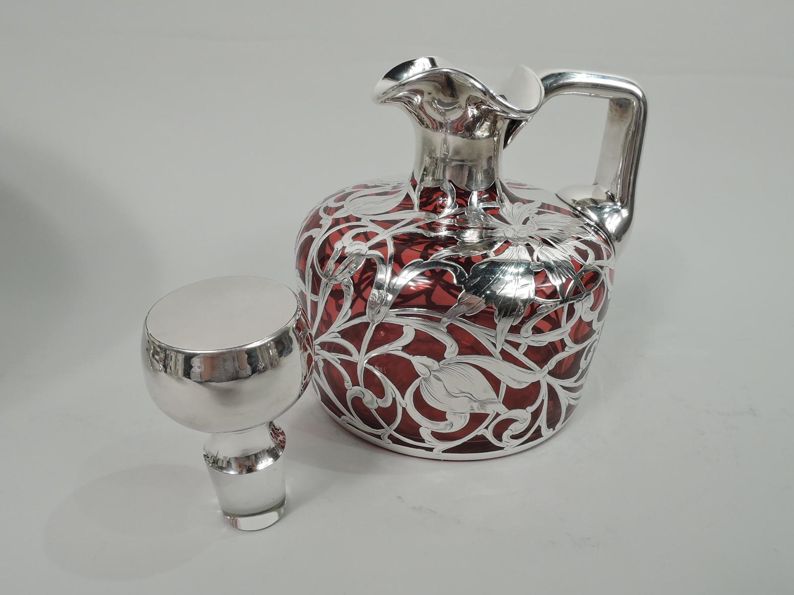 20th Century Antique American Art Nouveau Red Silver Overlay Jug Decanter