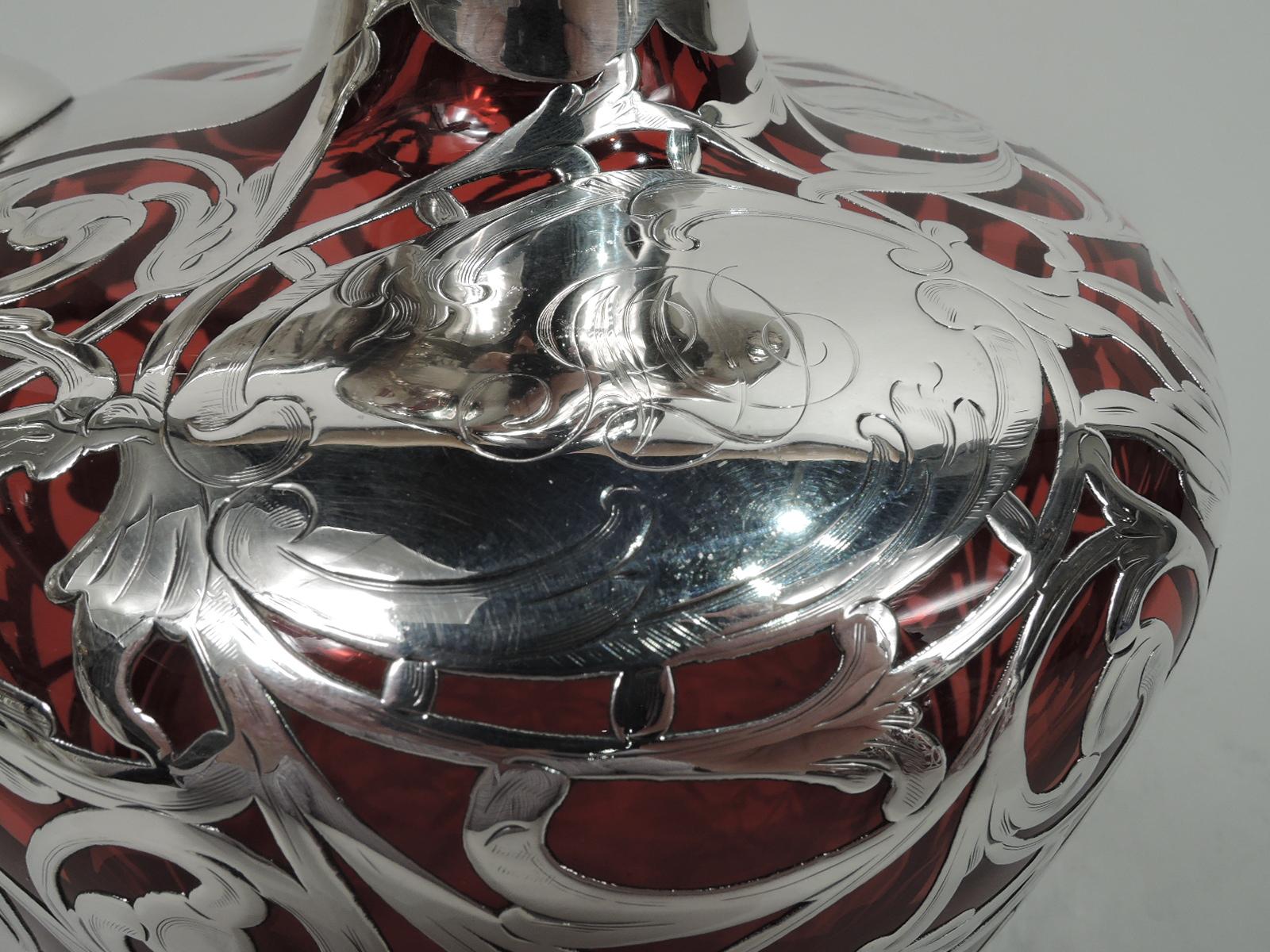 Antique American Art Nouveau Red Silver Overlay Jug Decanter 2
