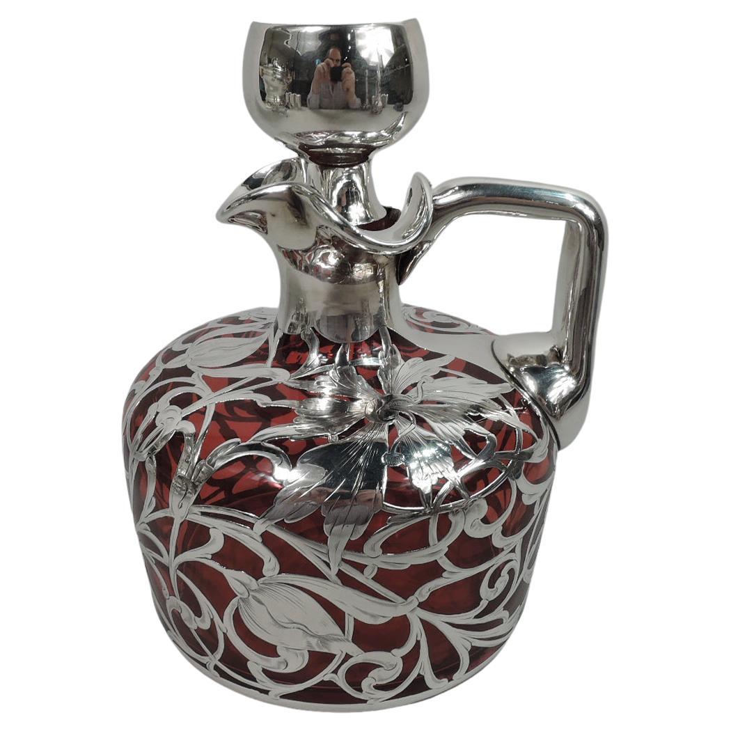 Antique American Art Nouveau Red Silver Overlay Jug Decanter