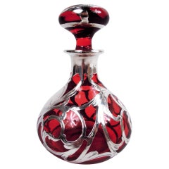 Antique American Art Nouveau Red Silver Overlay Perfume