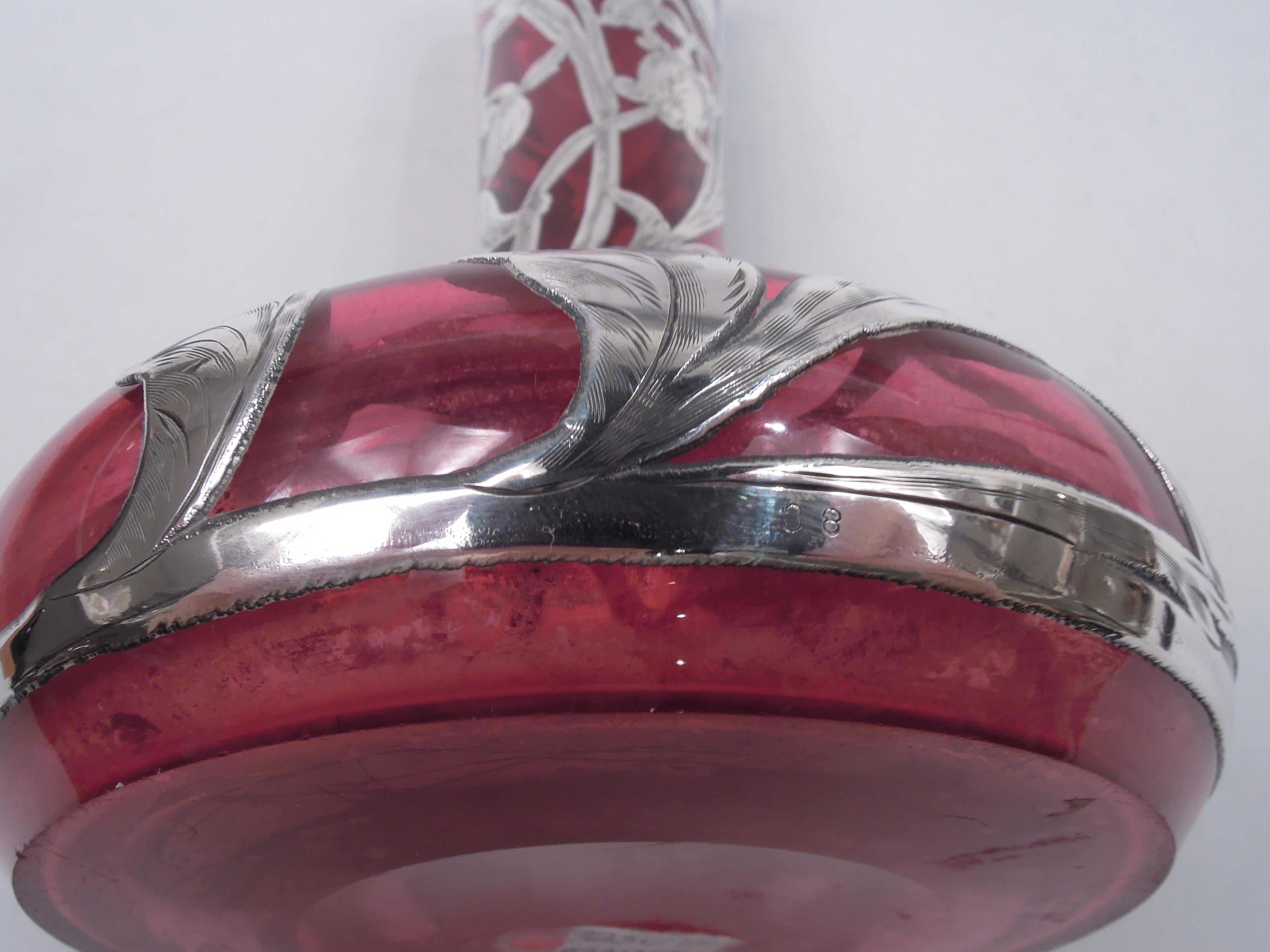 Antique American Art Nouveau Red Silver Overlay Vase For Sale 5