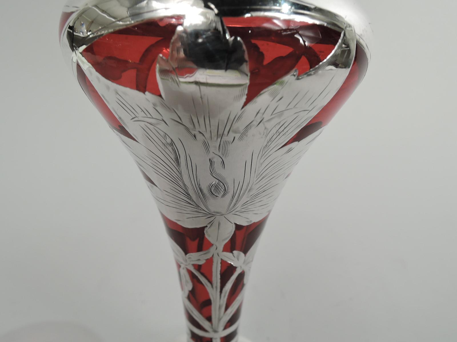 Antique American Art Nouveau Red Silver Overlay Vase In Excellent Condition In New York, NY