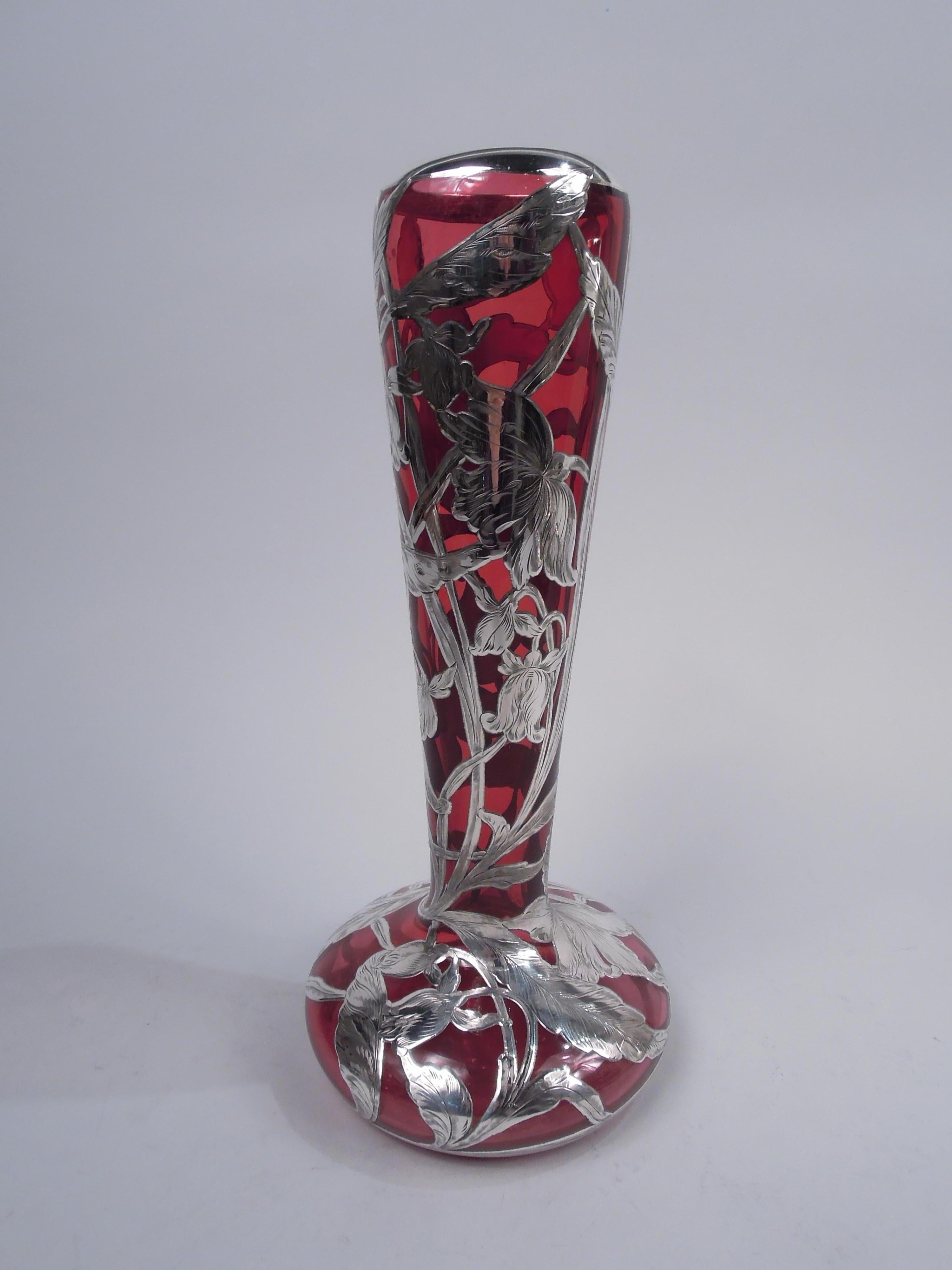Engraved Antique American Art Nouveau Red Silver Overlay Vase For Sale