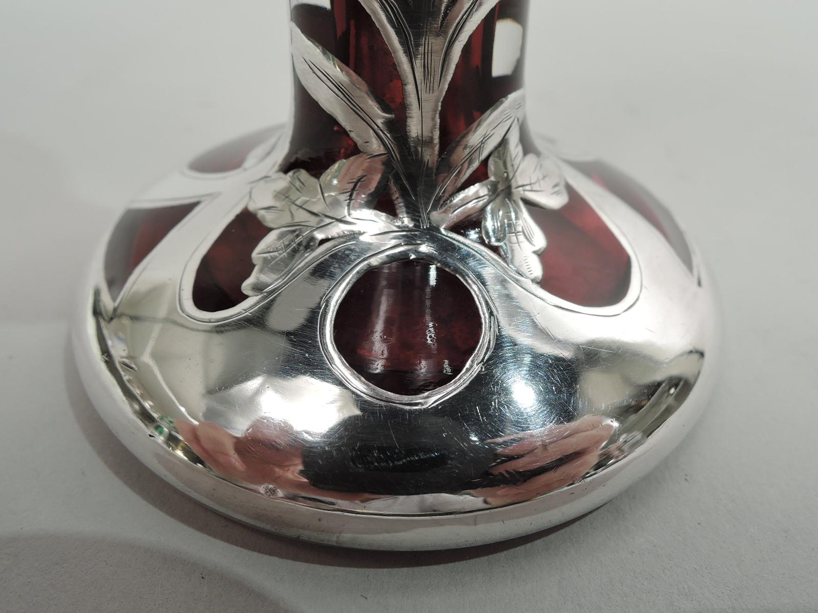 20th Century Antique American Art Nouveau Red Silver Overlay Vase