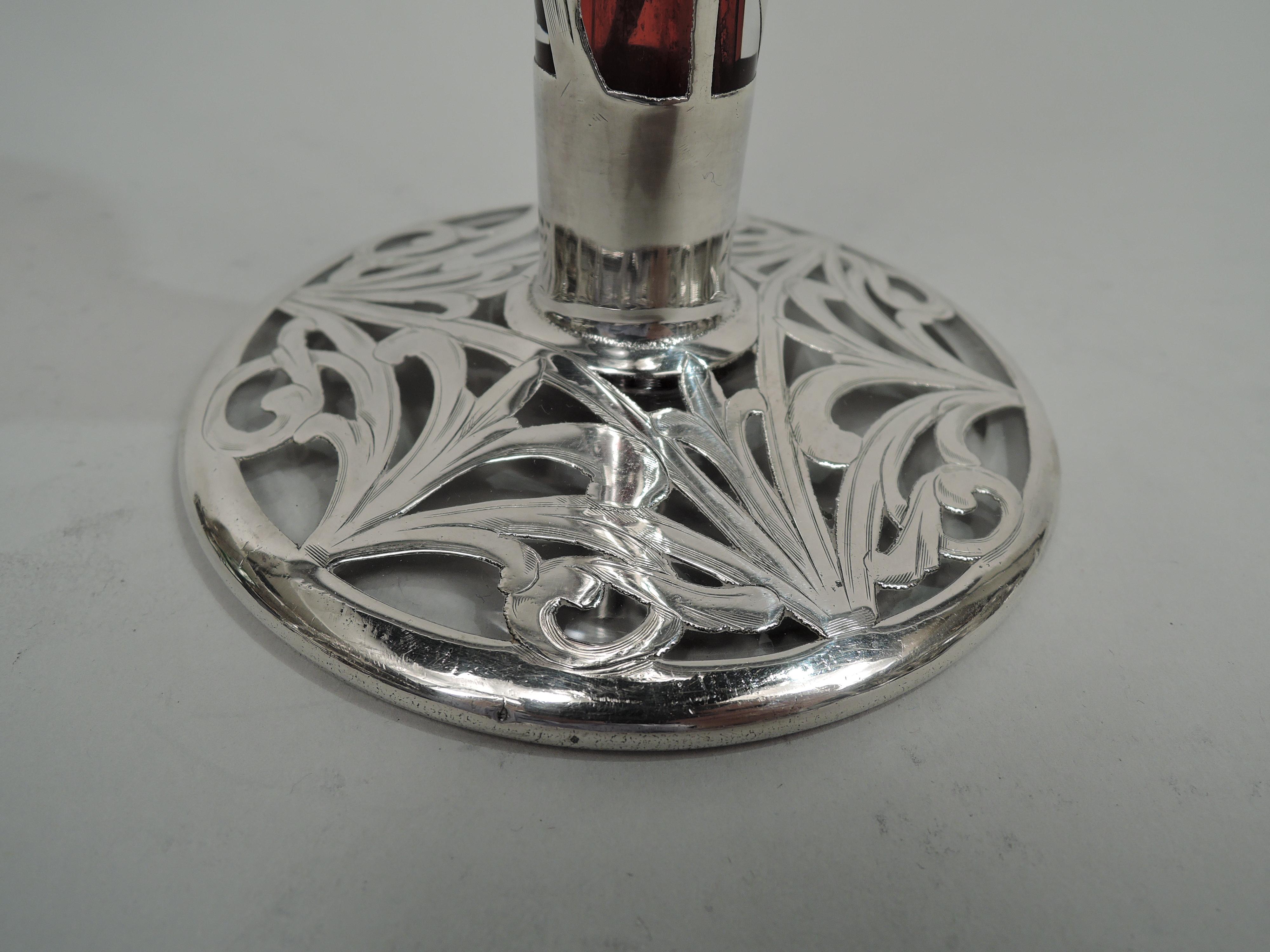 19th Century Antique American Art Nouveau Red Silver Overlay Vase