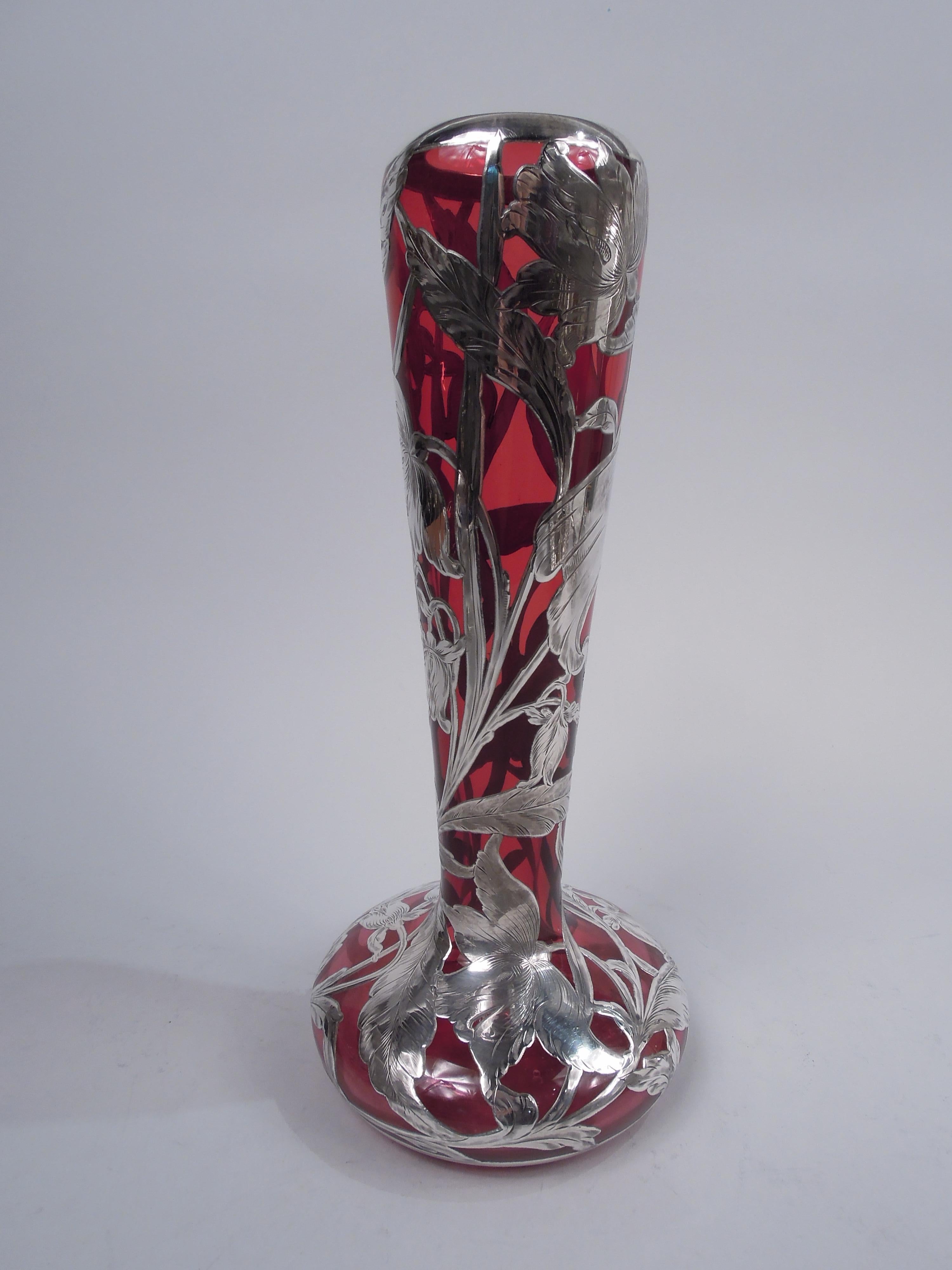 Antique American Art Nouveau Red Silver Overlay Vase In Good Condition For Sale In New York, NY