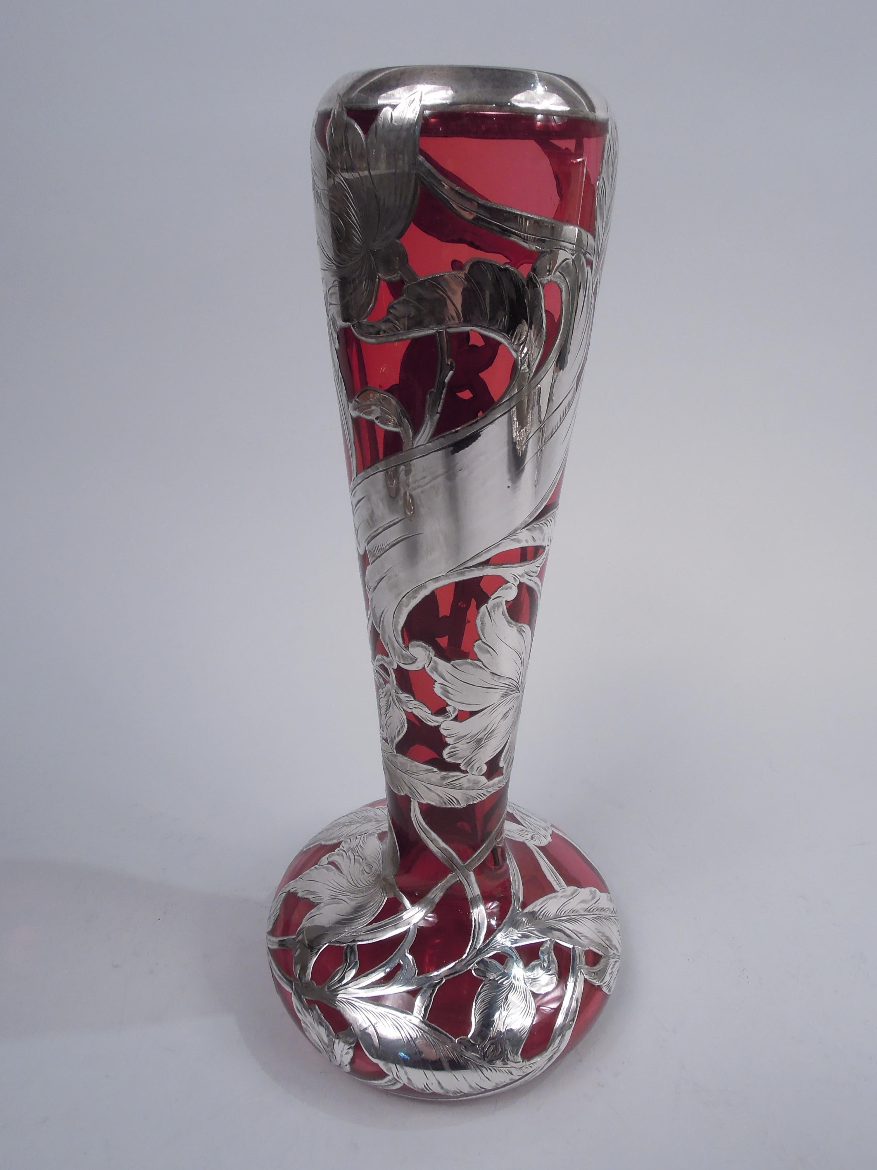 20th Century Antique American Art Nouveau Red Silver Overlay Vase For Sale