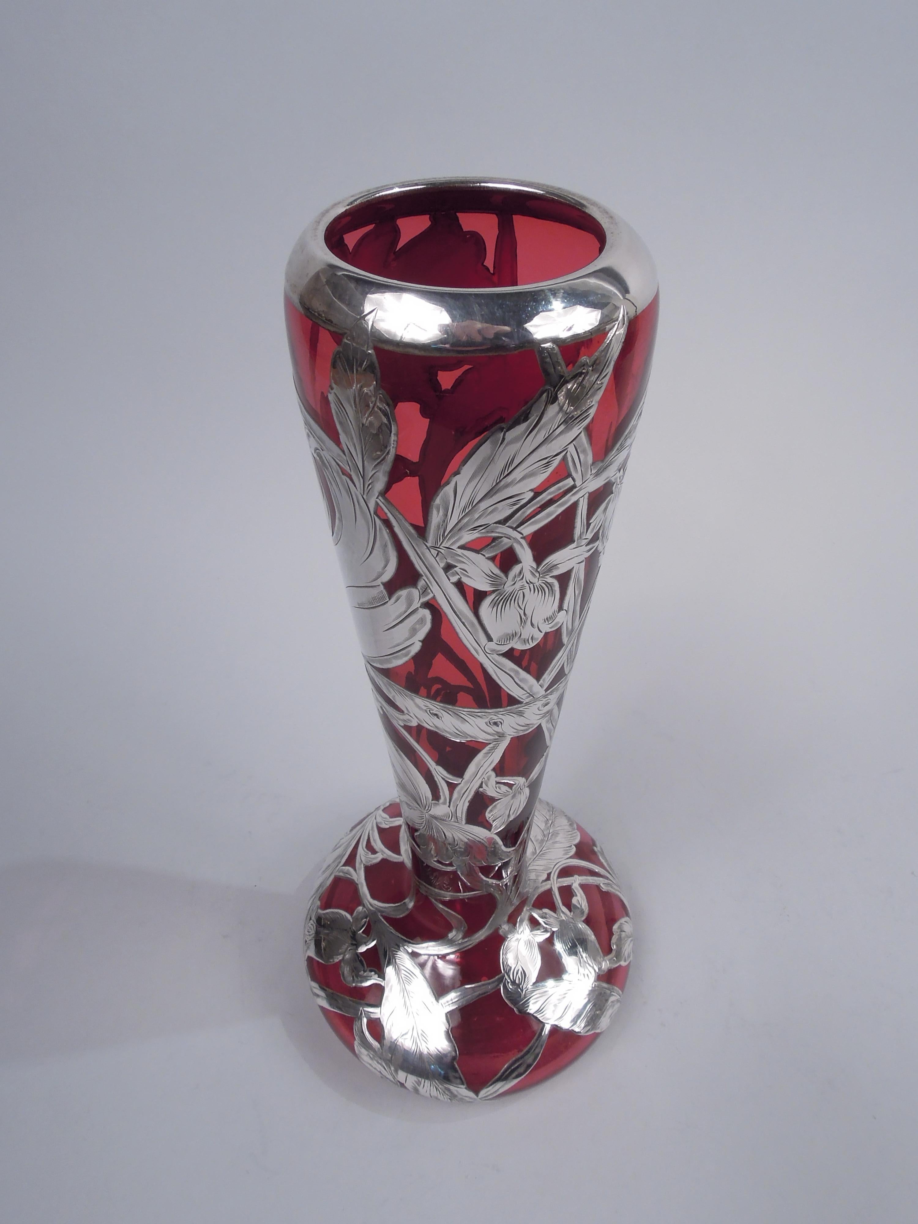 Antique American Art Nouveau Red Silver Overlay Vase For Sale 1