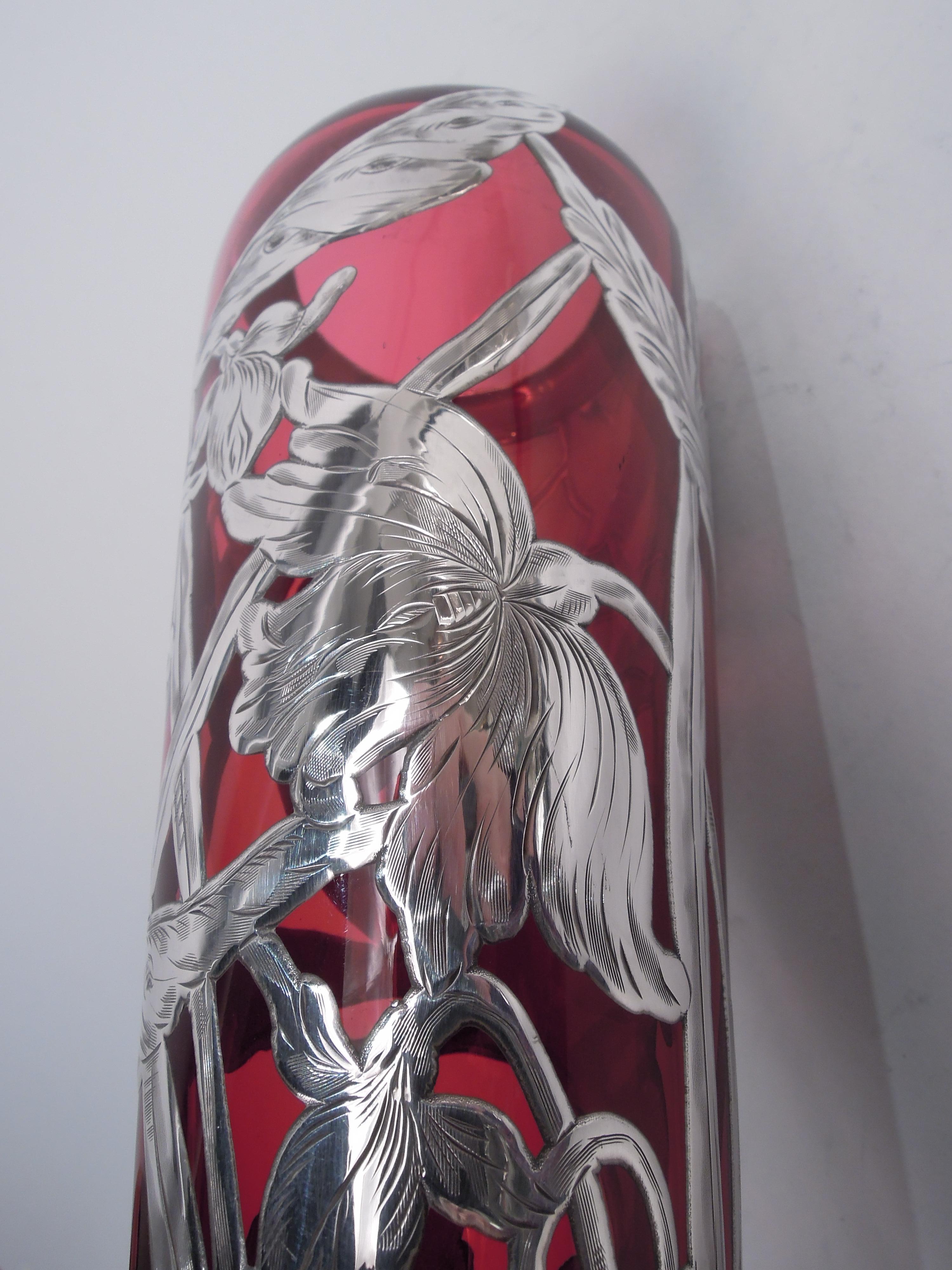 Antique American Art Nouveau Red Silver Overlay Vase For Sale 2