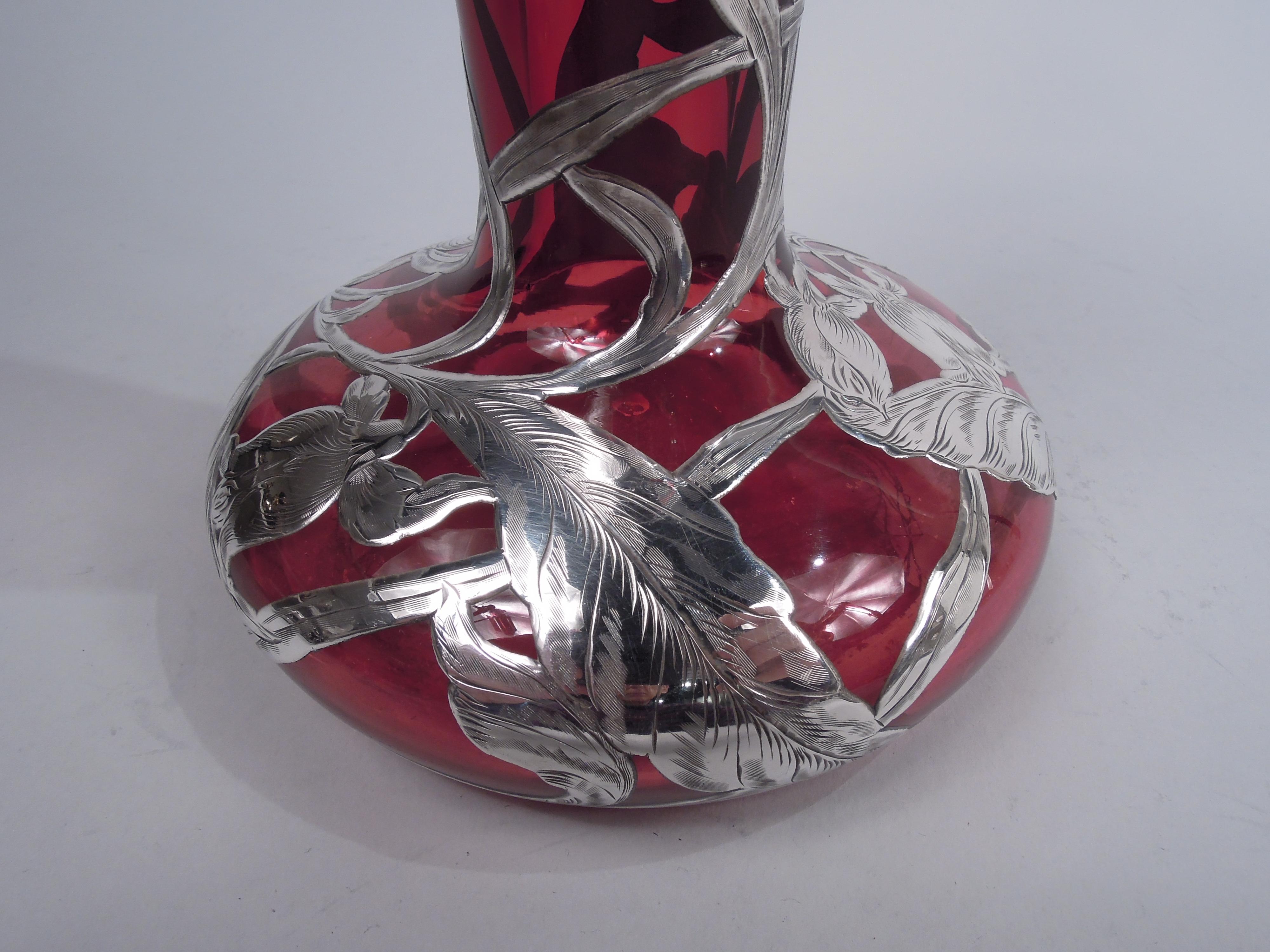 Antique American Art Nouveau Red Silver Overlay Vase For Sale 3