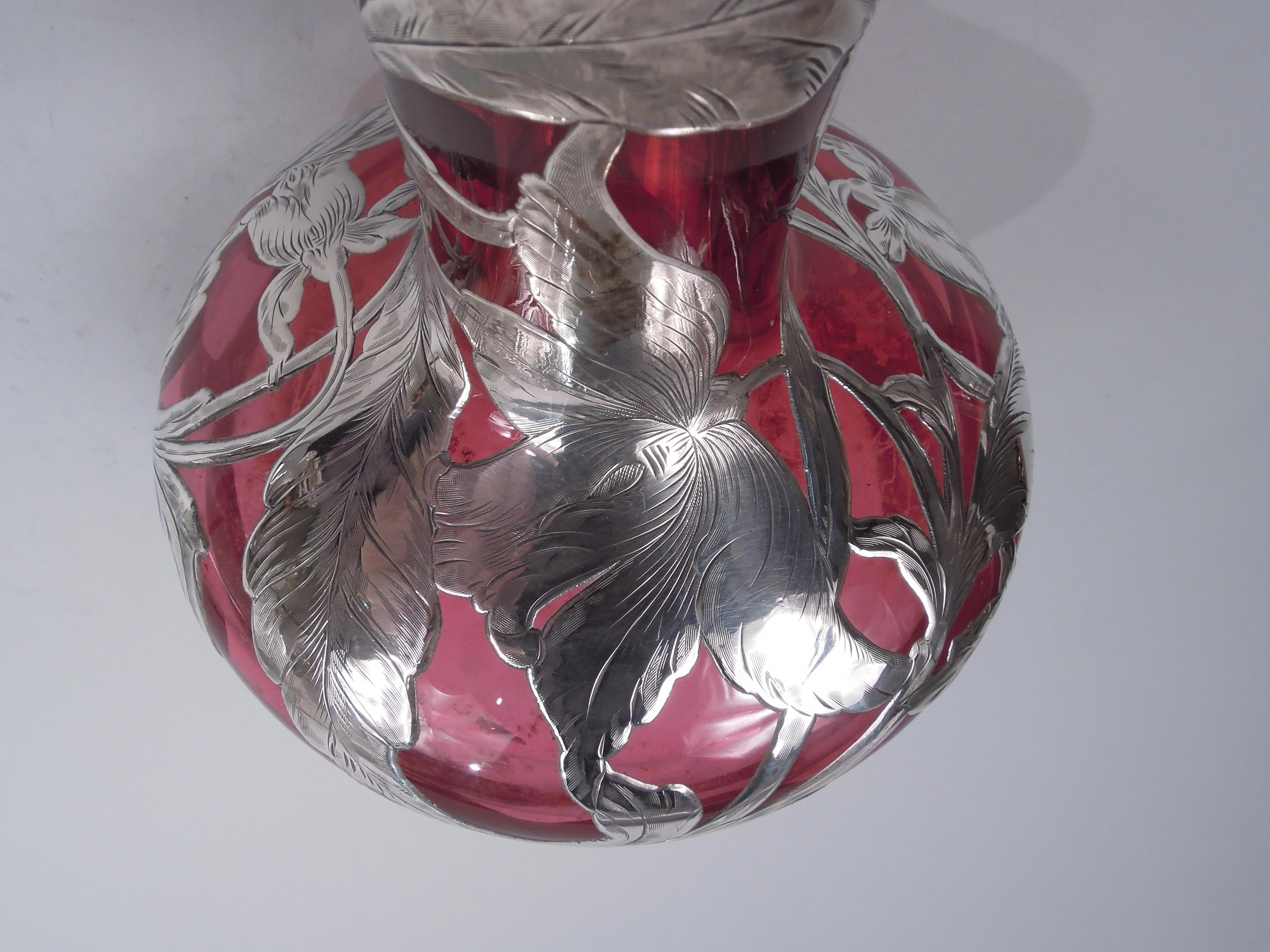 Antique American Art Nouveau Red Silver Overlay Vase For Sale 4